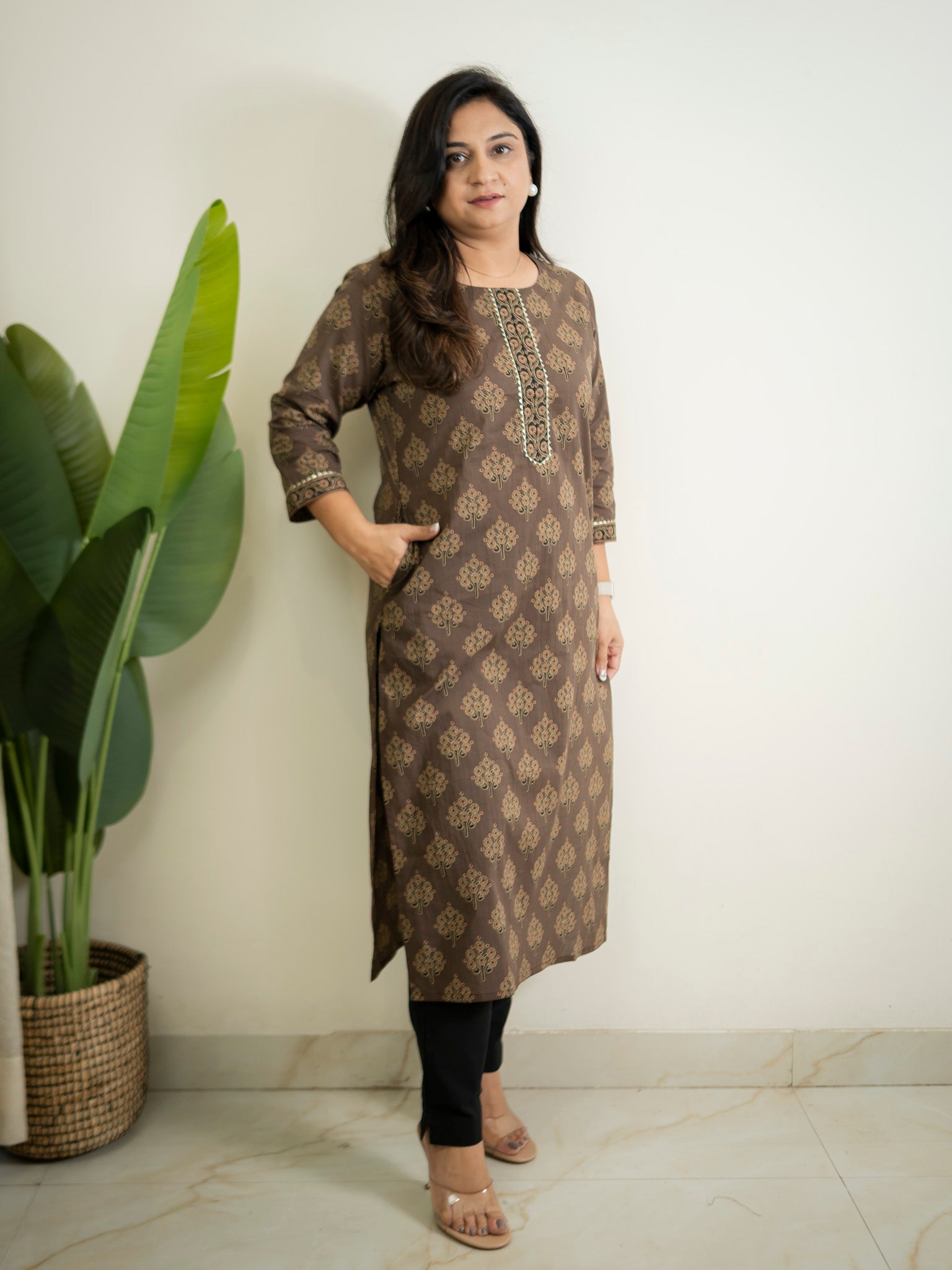 Brown Handblock Cotton Casual Straight Kurta