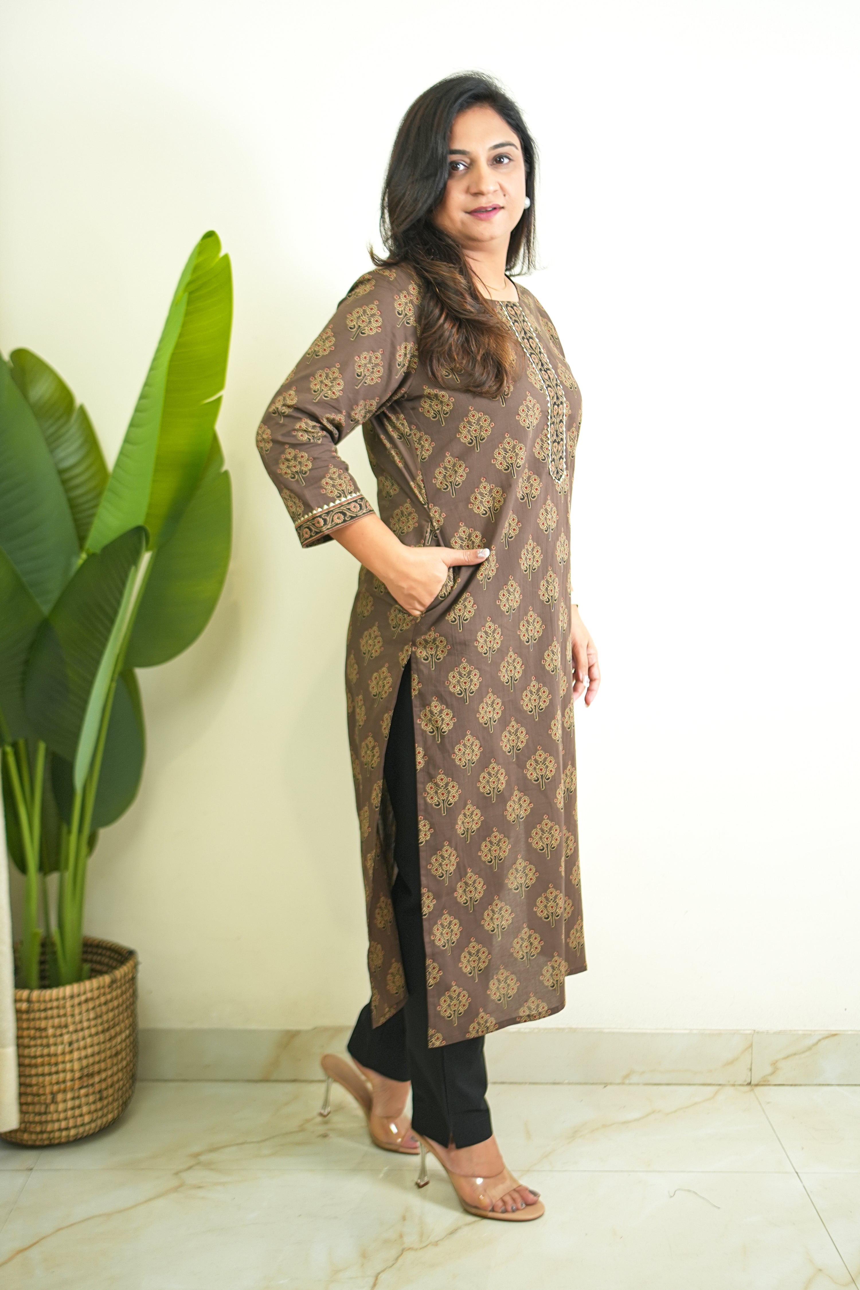 Brown Handblock Cotton Casual Straight Kurta