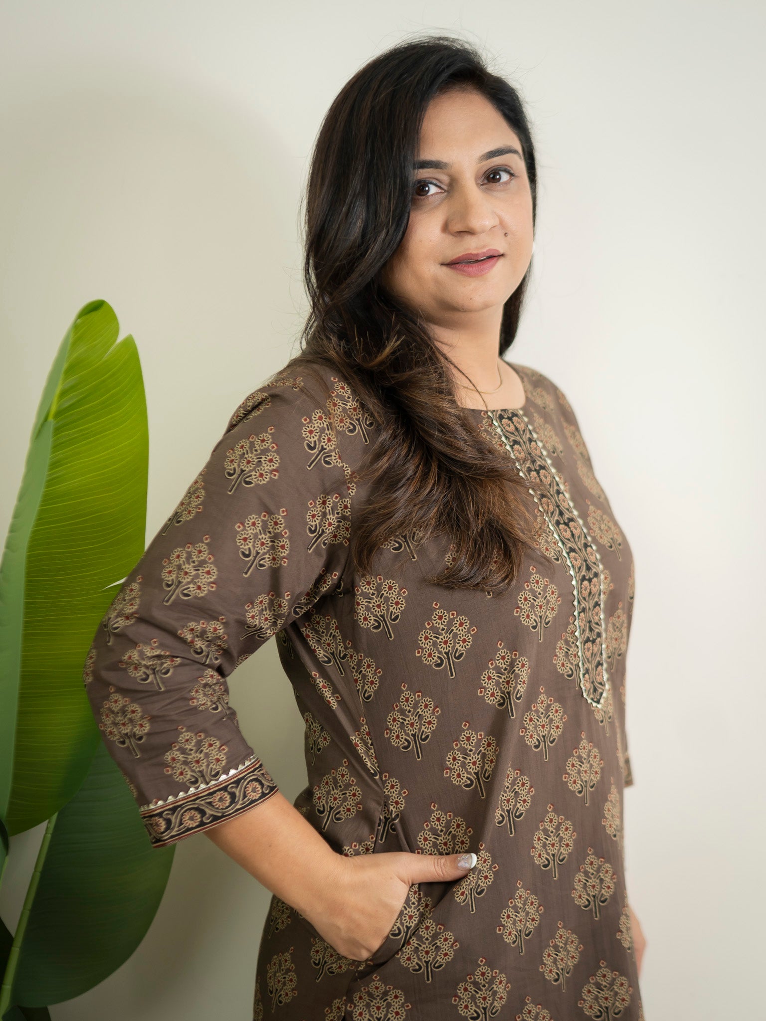 Brown Handblock Cotton Casual Straight Kurta