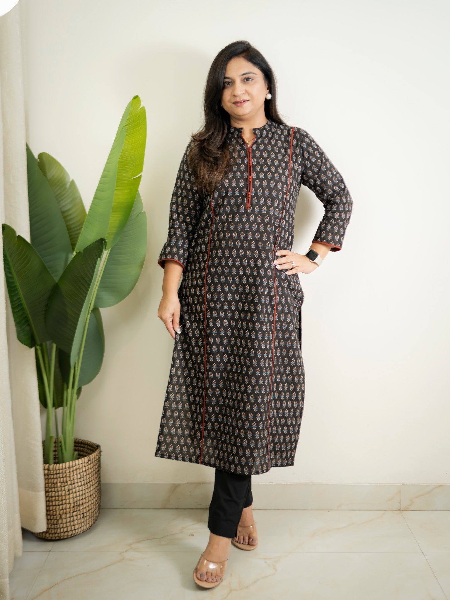 Cotton Black Ajrakh Casual Straight Kurta