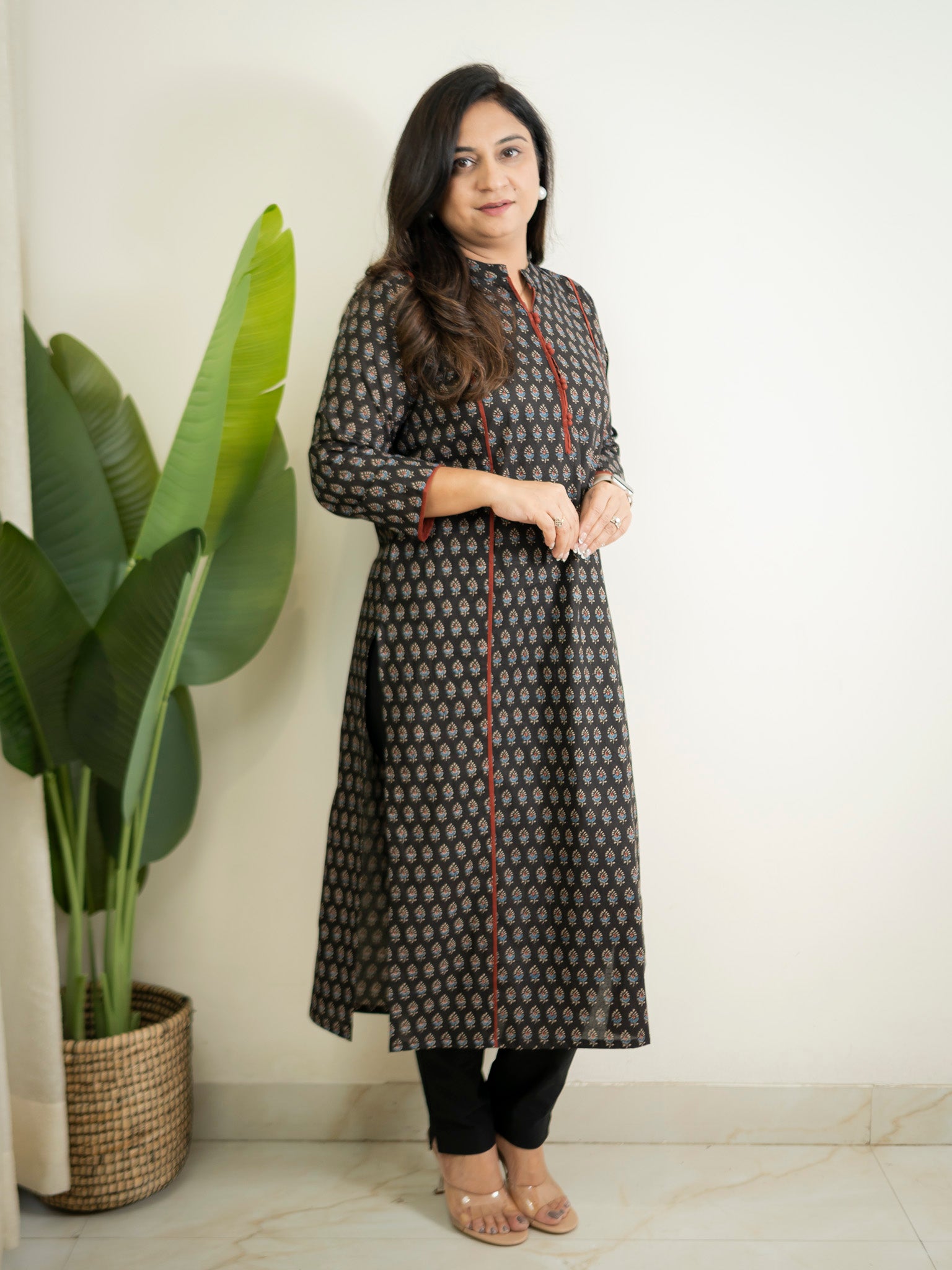 Cotton Black Ajrakh Casual Straight Kurta