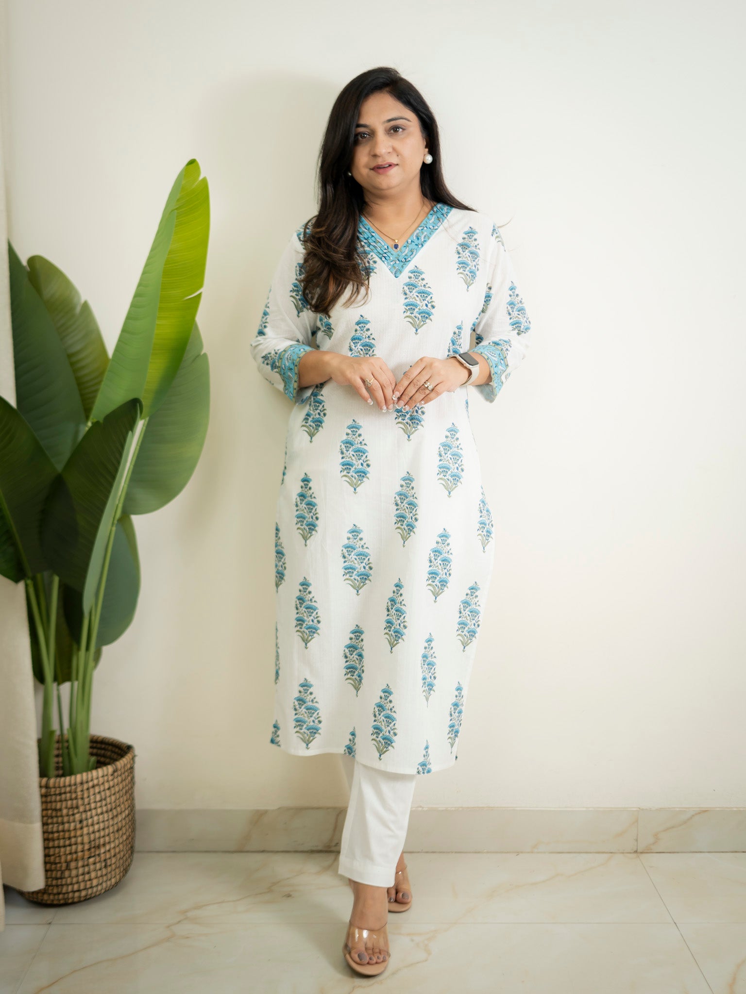 White Blue Handblock Cotton Casual Straight Kurta