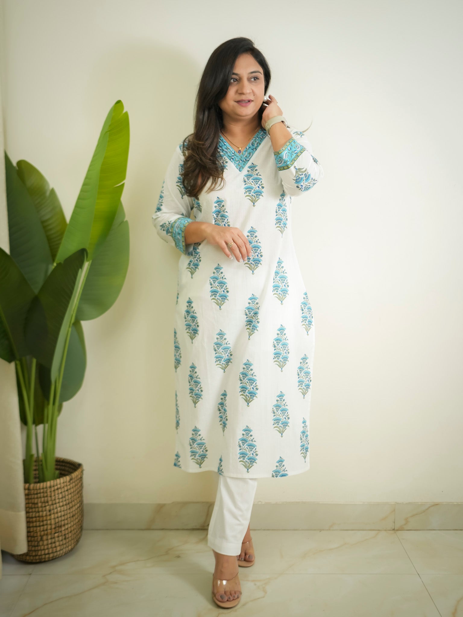 White Blue Handblock Cotton Casual Straight Kurta