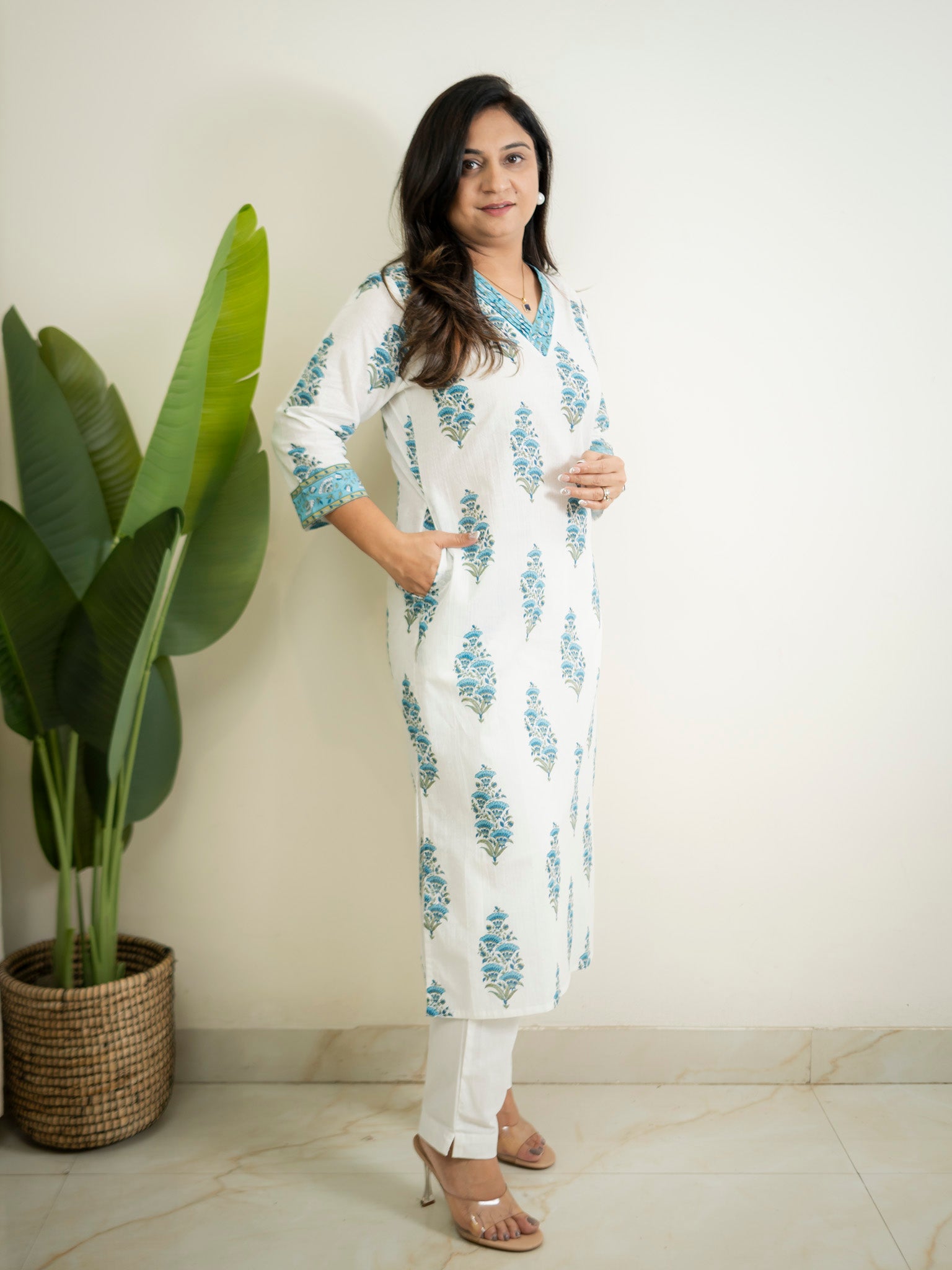 White Blue Handblock Cotton Casual Straight Kurta