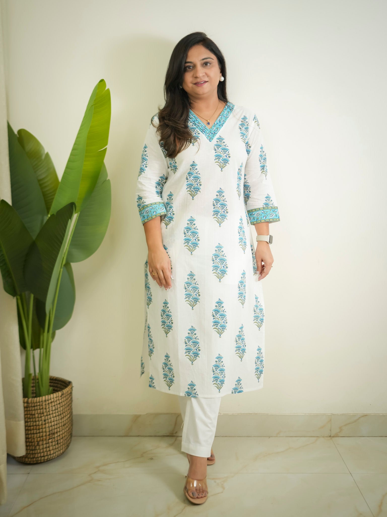 White Blue Handblock Cotton Casual Straight Kurta