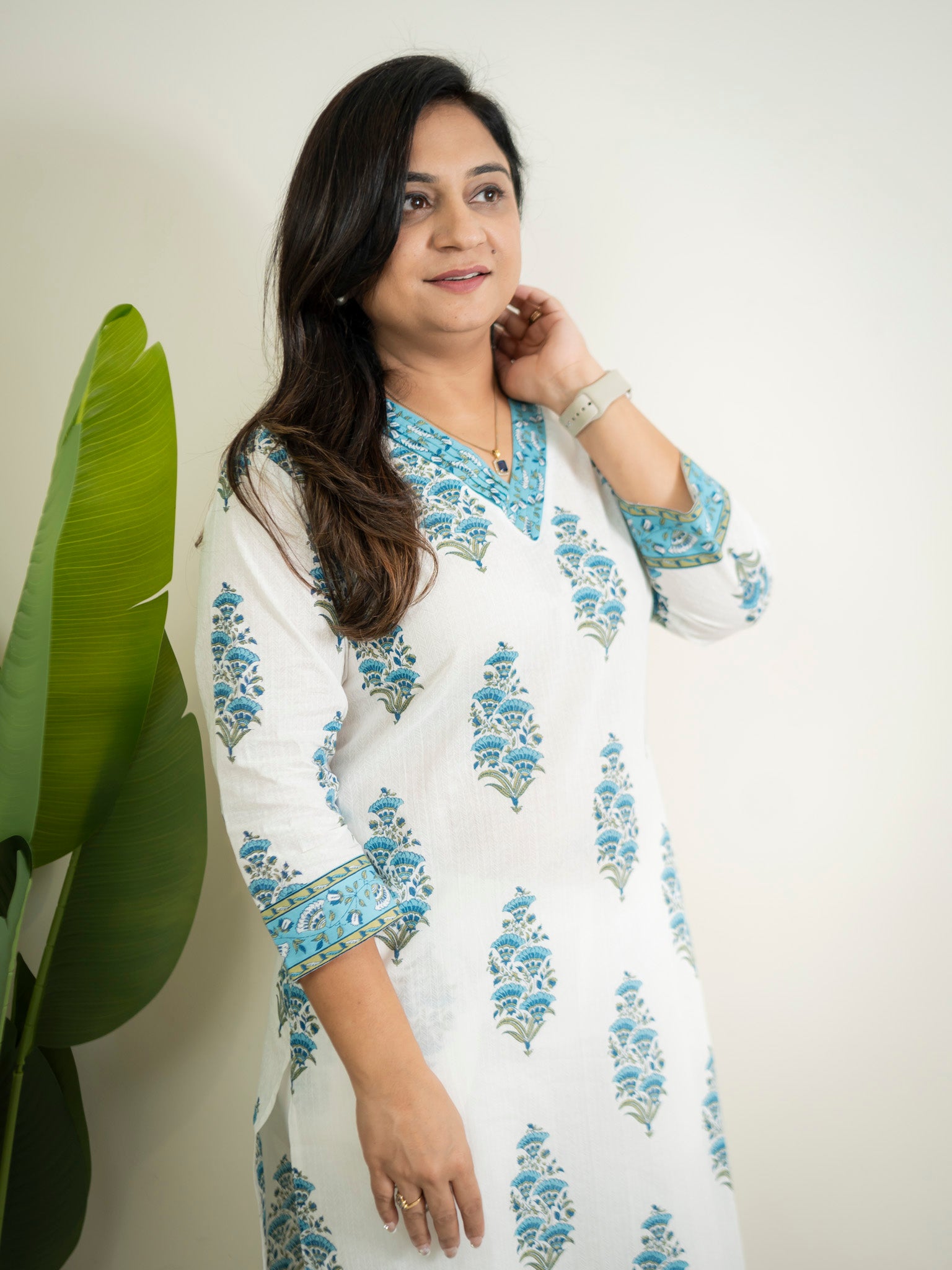 White Blue Handblock Cotton Casual Straight Kurta