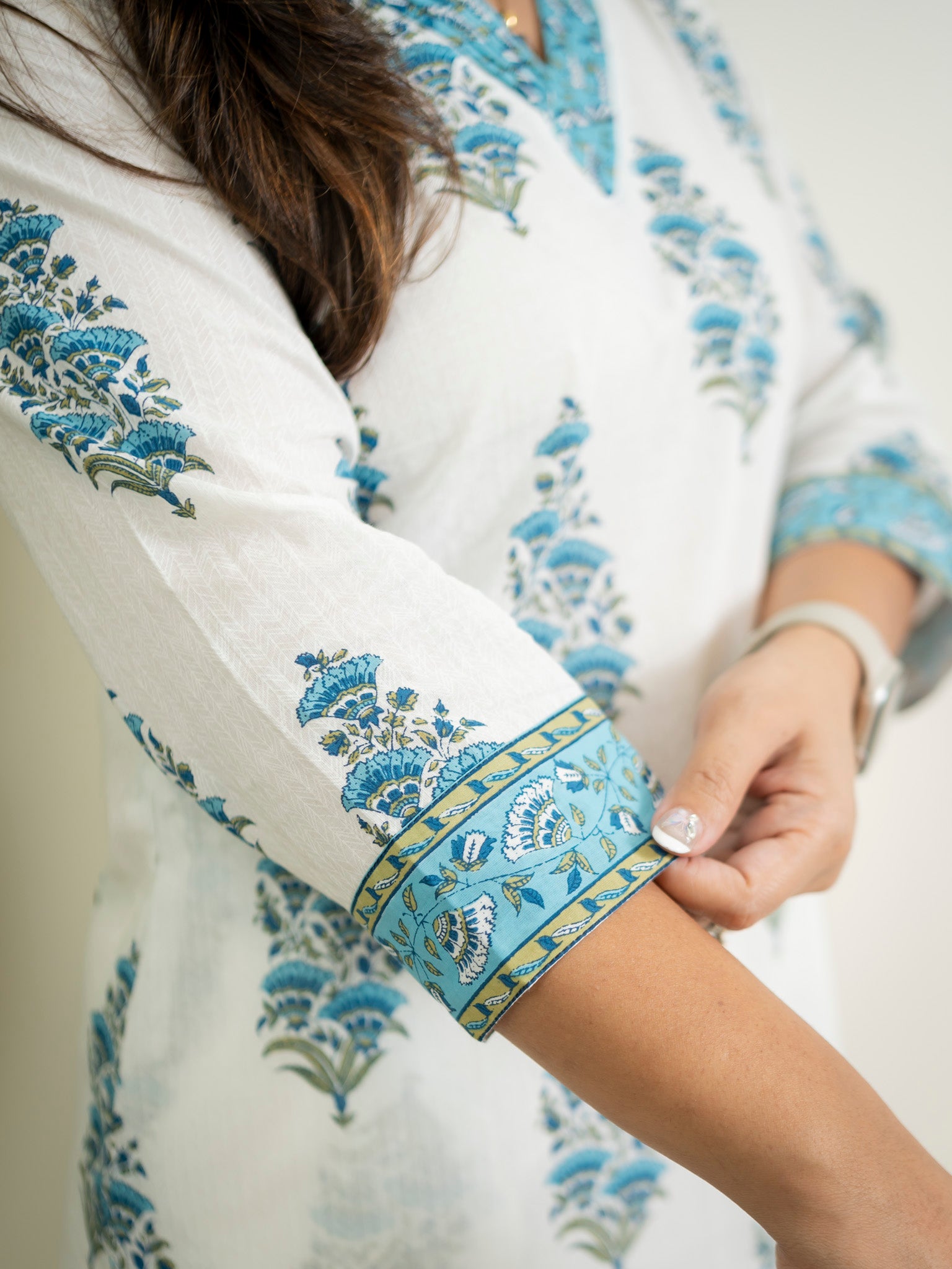 White Blue Handblock Cotton Casual Straight Kurta