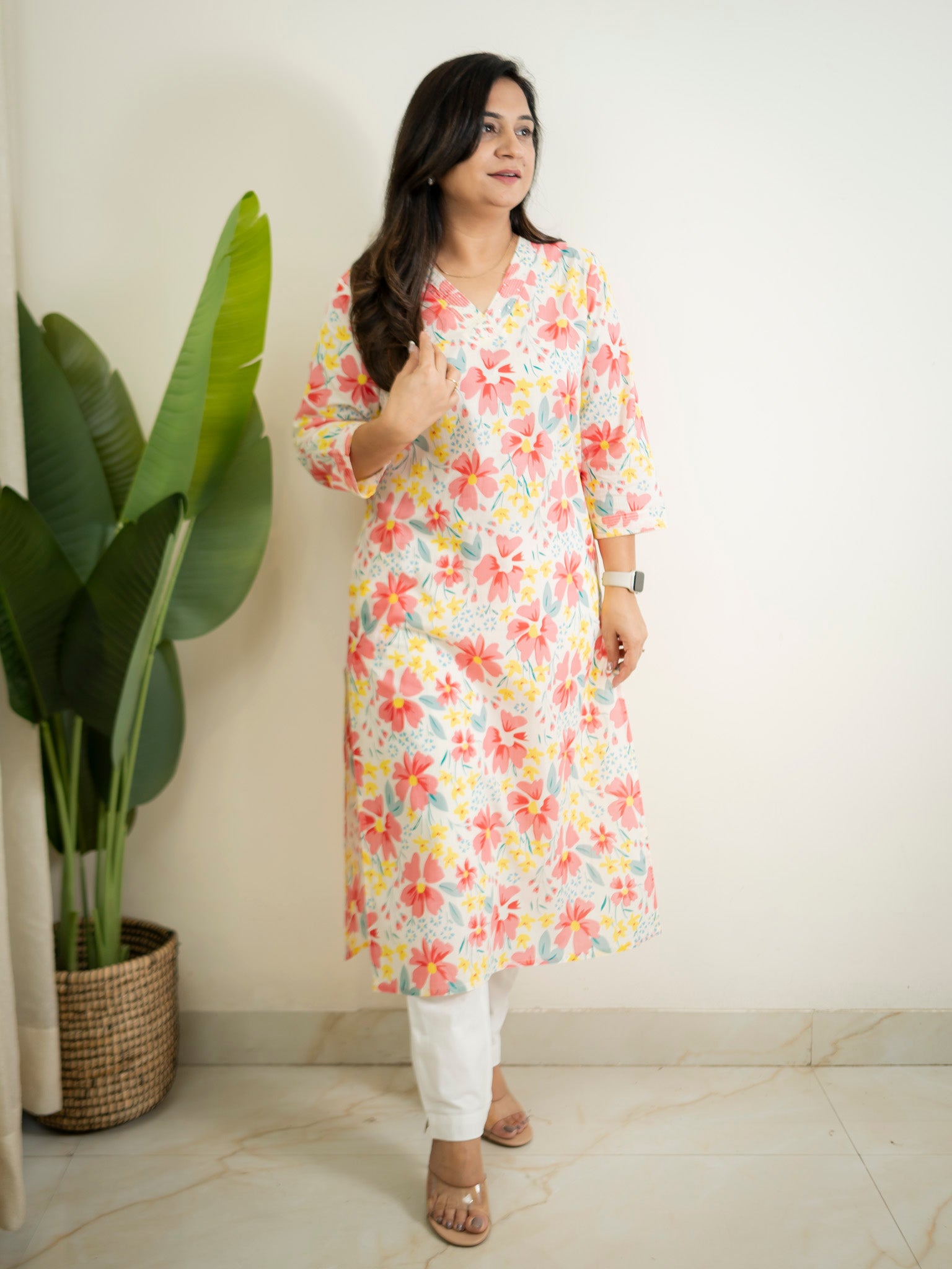 White MultiColor Flower Cotton Casual Straight Kurta
