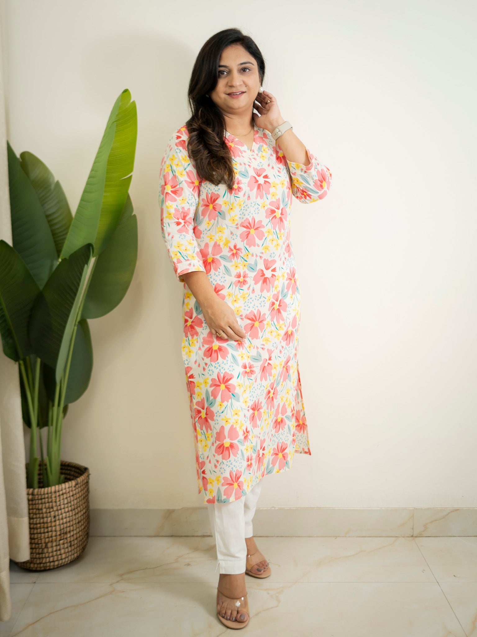White MultiColor Flower Cotton Casual Straight Kurta