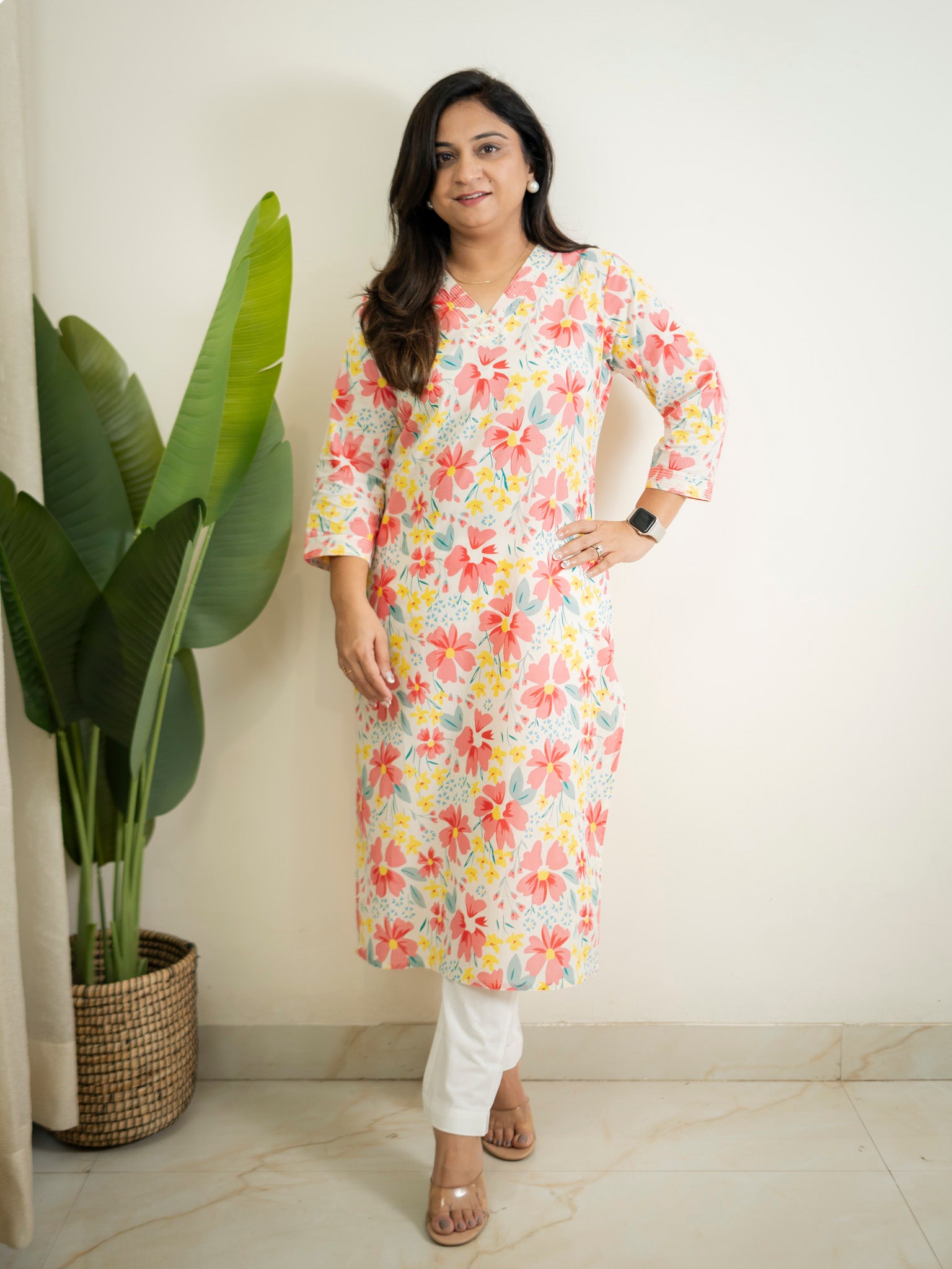 White MultiColor Flower Cotton Casual Straight Kurta