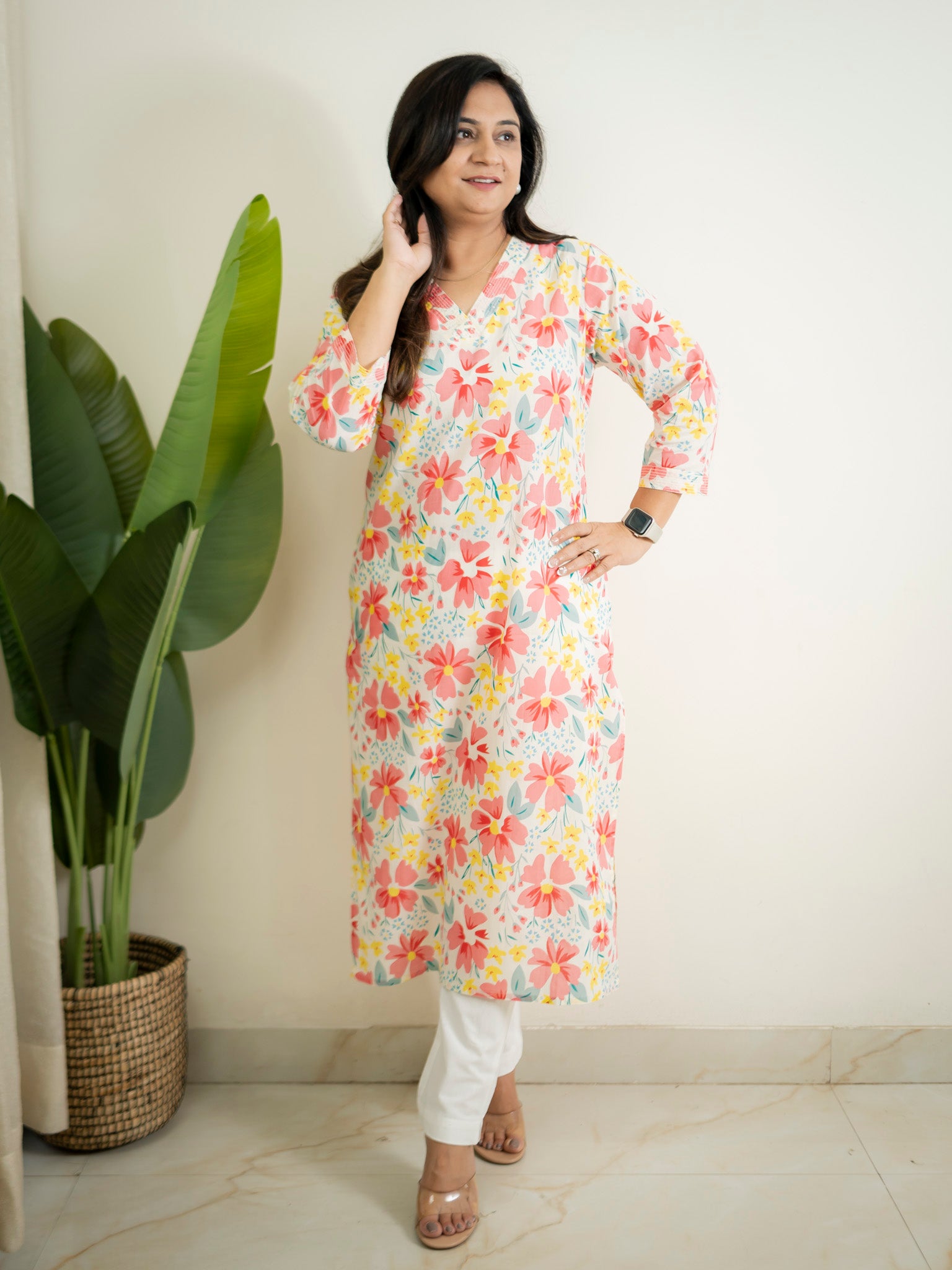 White MultiColor Flower Cotton Casual Straight Kurta