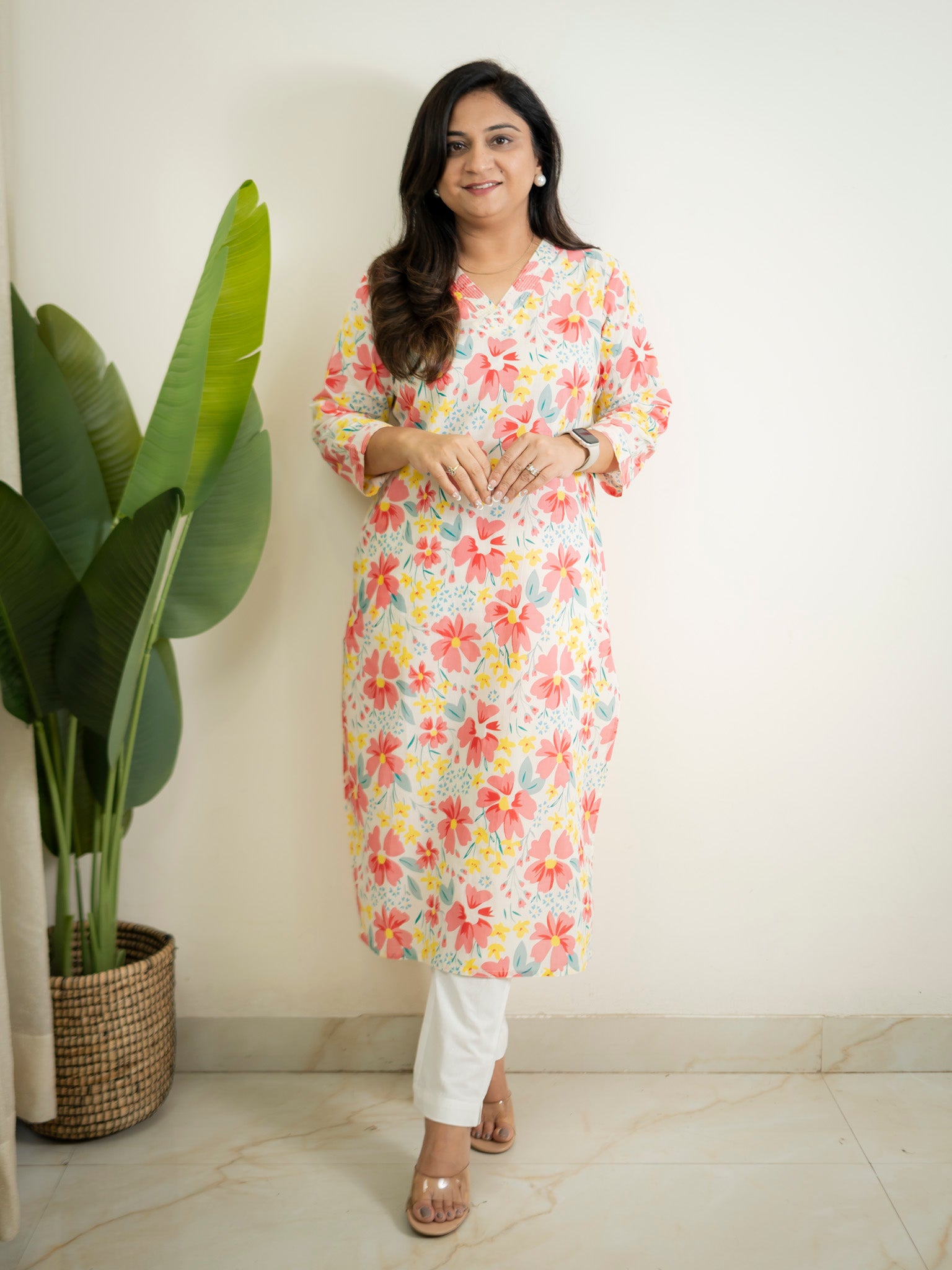 White MultiColor Flower Cotton Casual Straight Kurta