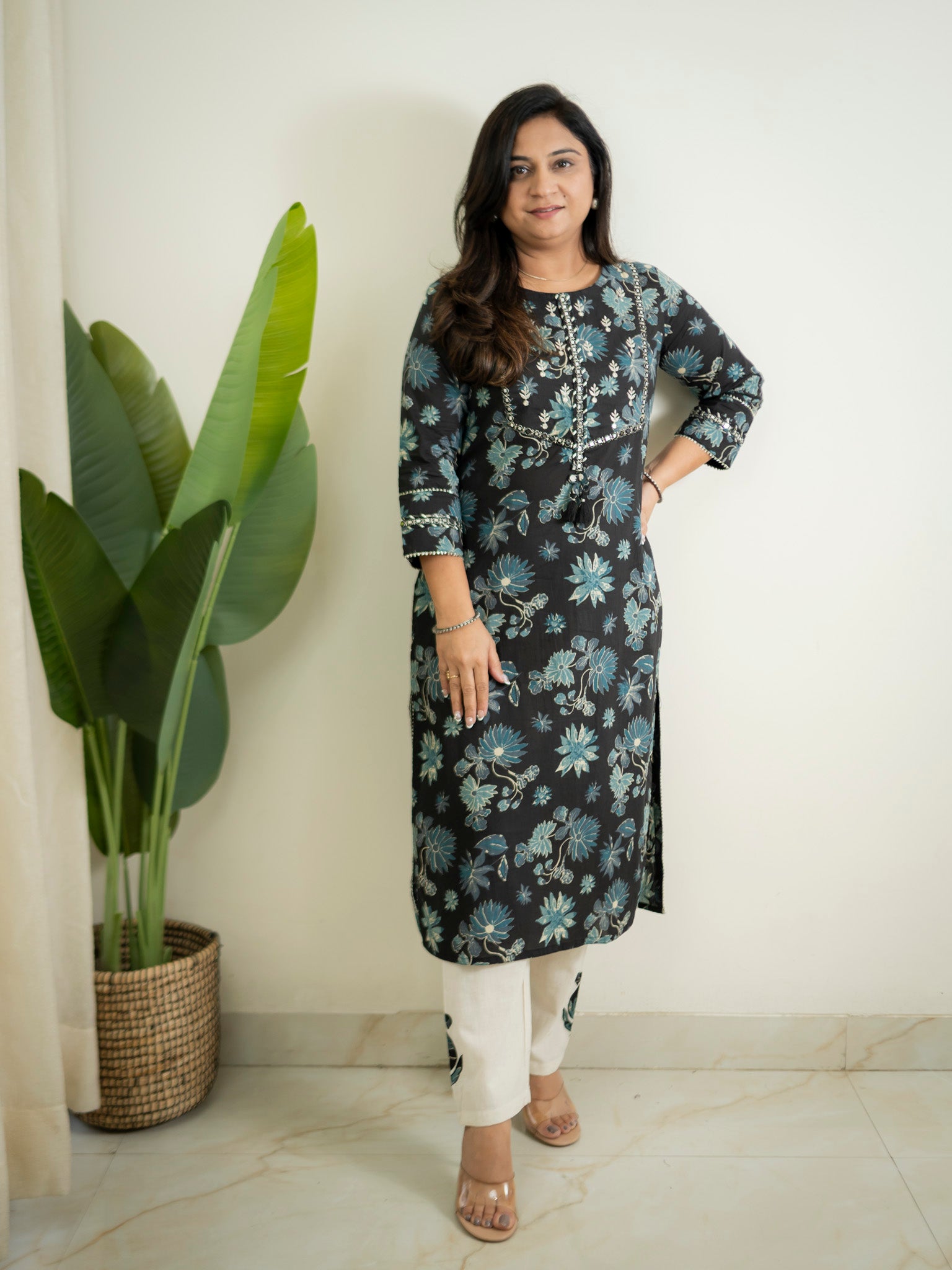 Latika Black Cotton Applique Embroidered Casual Pant Set