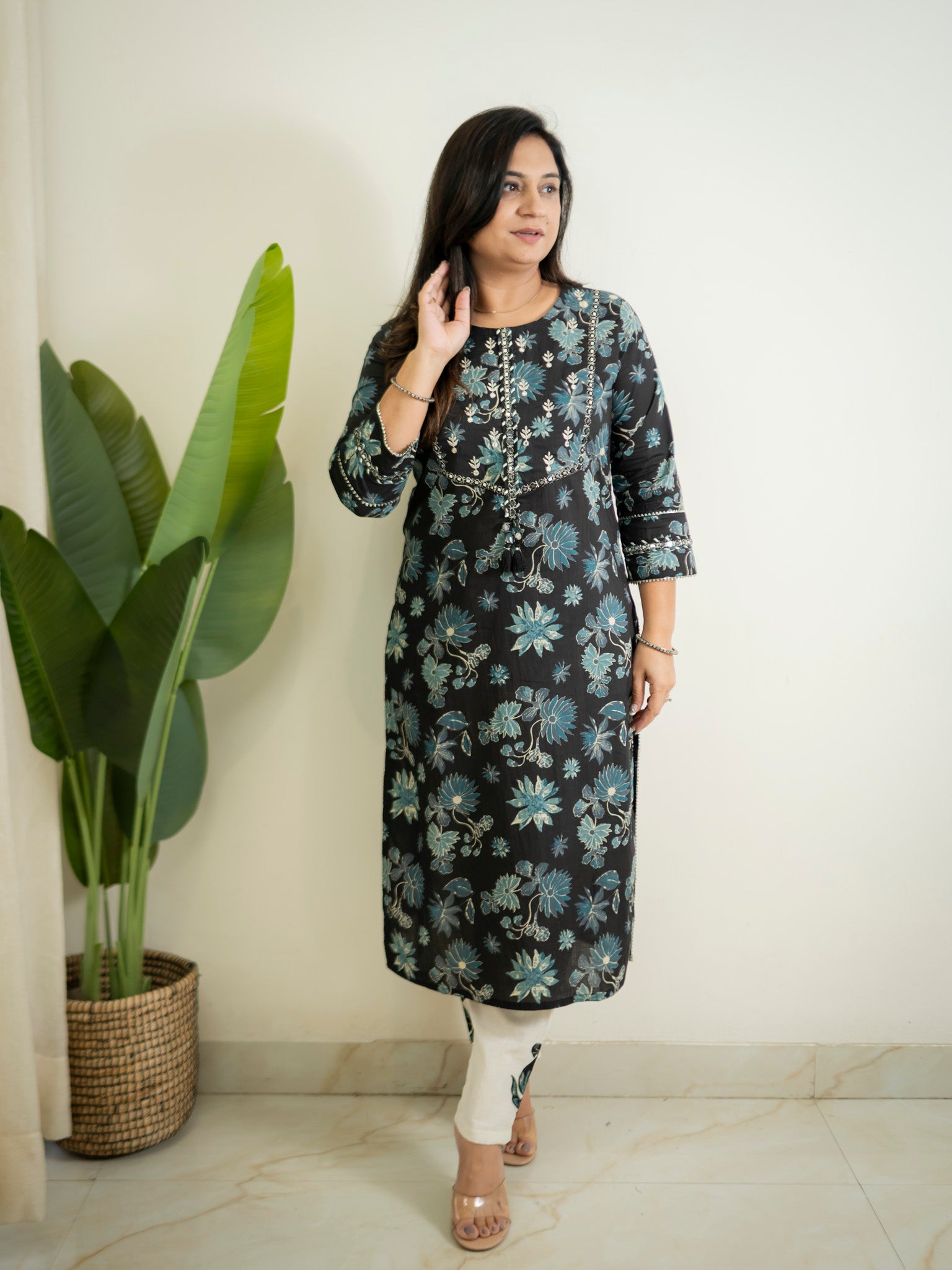 Latika Black Cotton Applique Embroidered Casual Pant Set