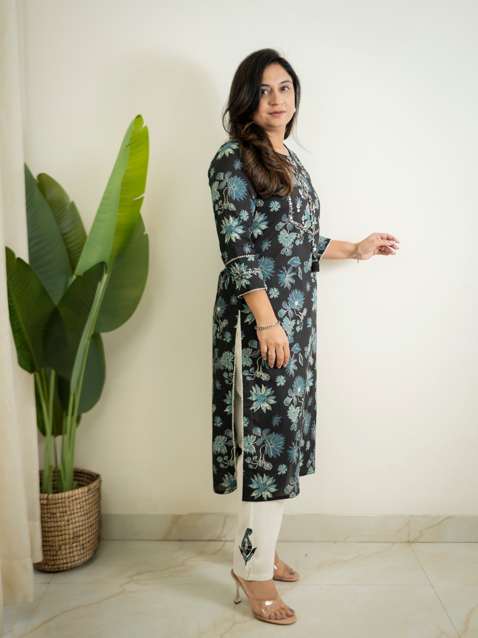 Latika Black Cotton Applique Embroidered Casual Pant Set