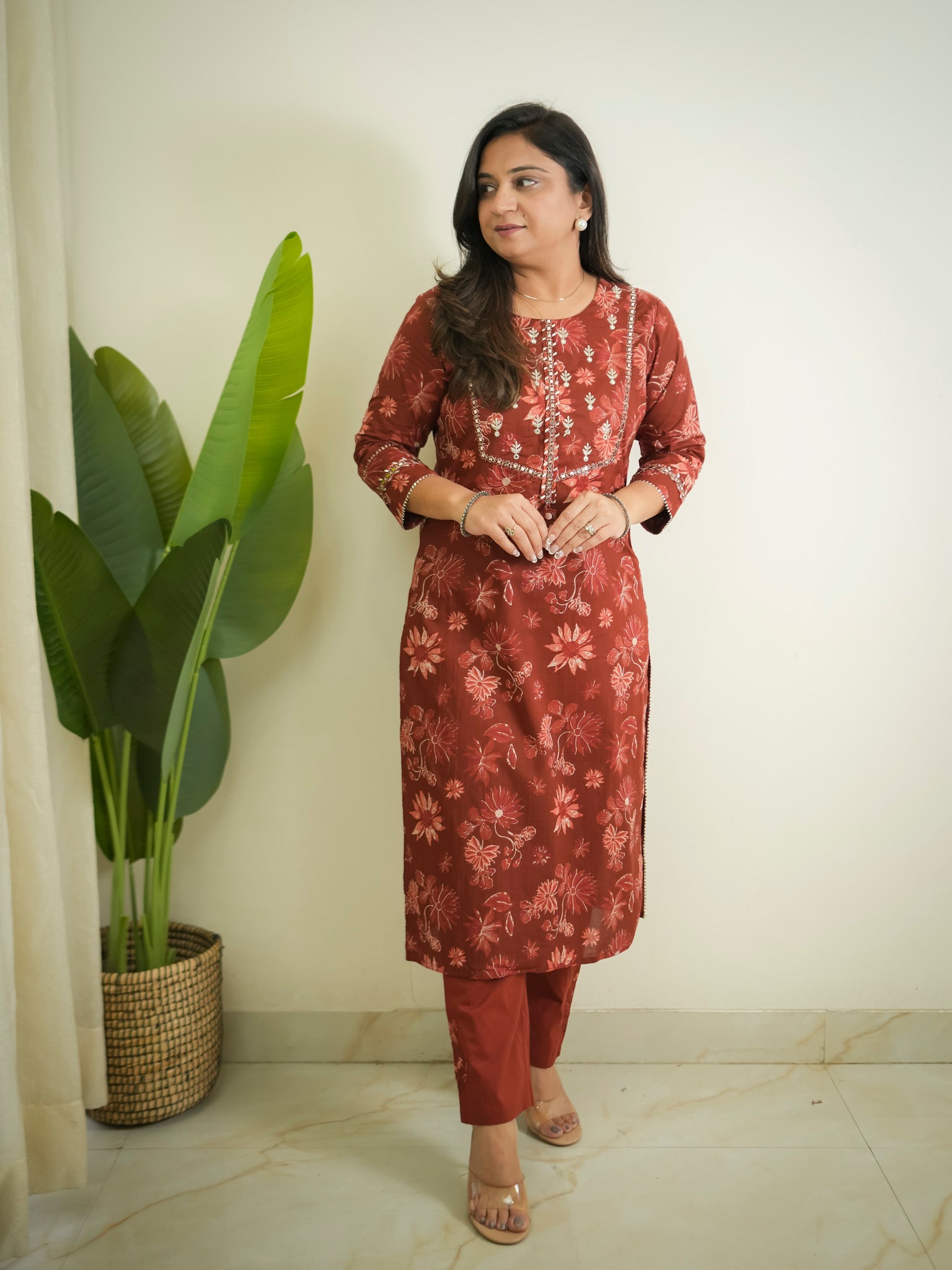 Latika Rust Cotton Applique Embroidered Casual Pant Set
