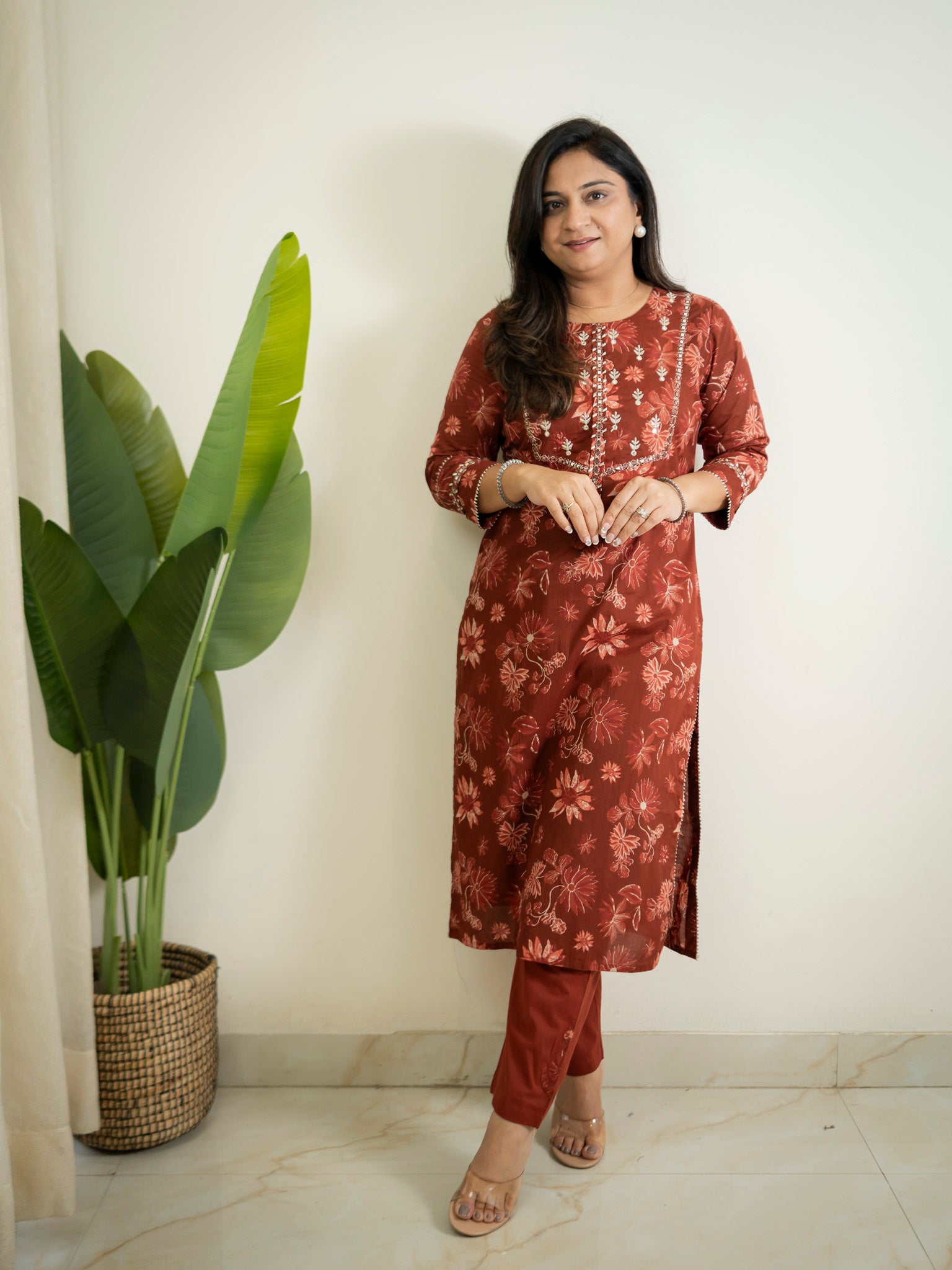 Latika Rust Cotton Applique Embroidered Casual Pant Set