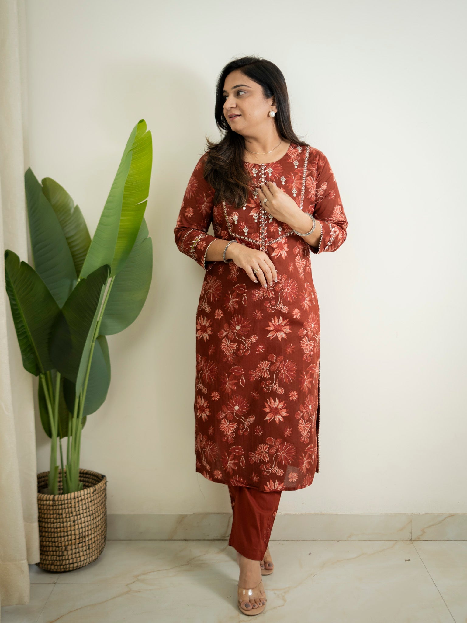 Latika Rust Cotton Applique Embroidered Casual Pant Set