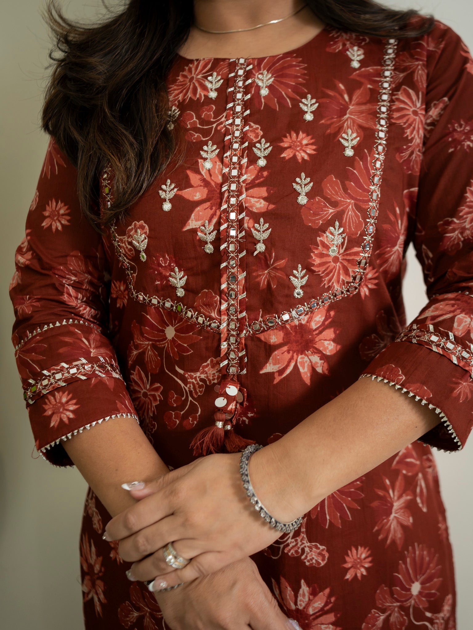 Latika Rust Cotton Applique Embroidered Casual Pant Set