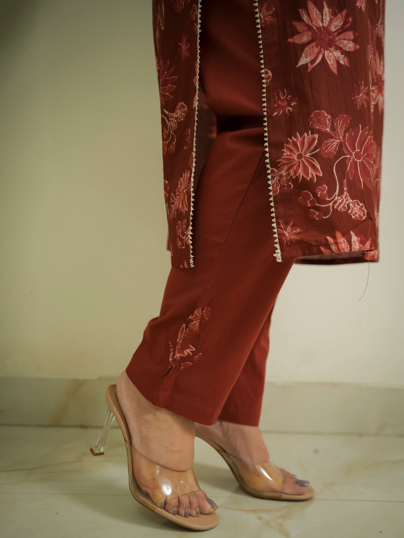 Latika Rust Cotton Applique Embroidered Casual Pant Set