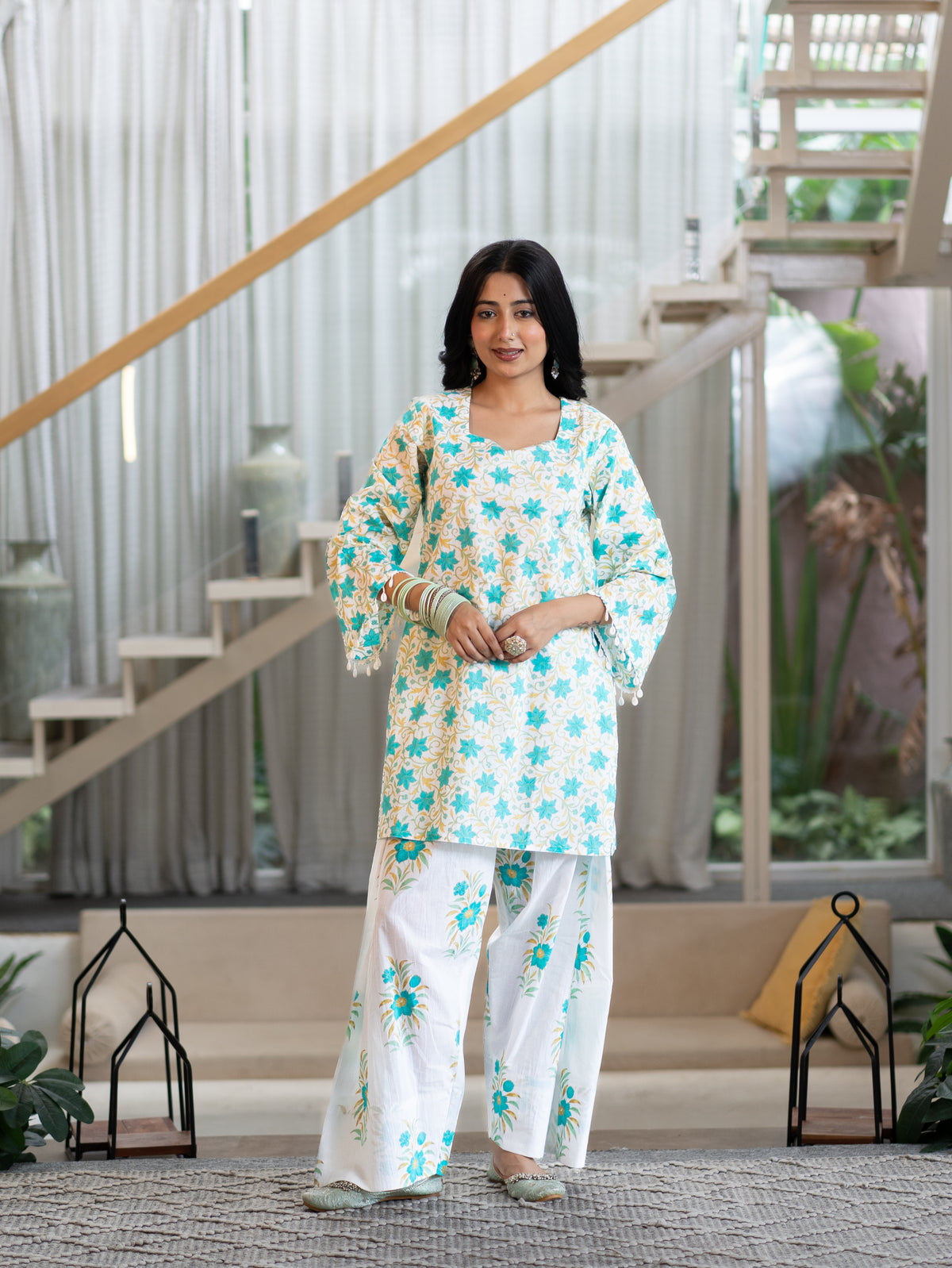 Zubeda White Cotton Floral Straight Farshi Coord Set