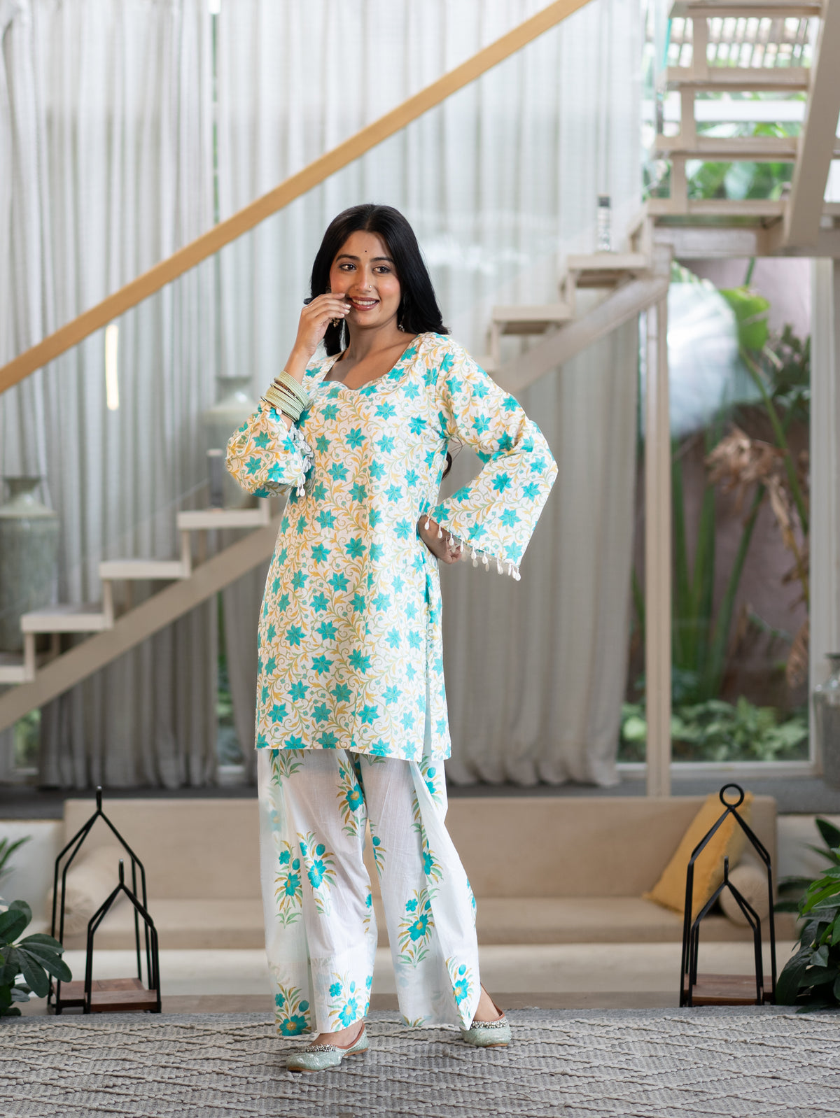 Zubeda White Cotton Floral Straight Farshi Coord Set