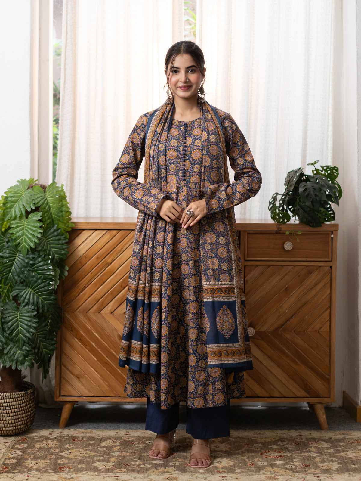 Hansa Blue Premium Cotton Anarkali Dupatta Set