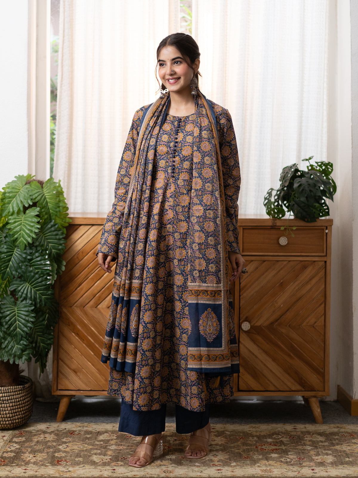Hansa Blue Premium Cotton Anarkali Dupatta Set