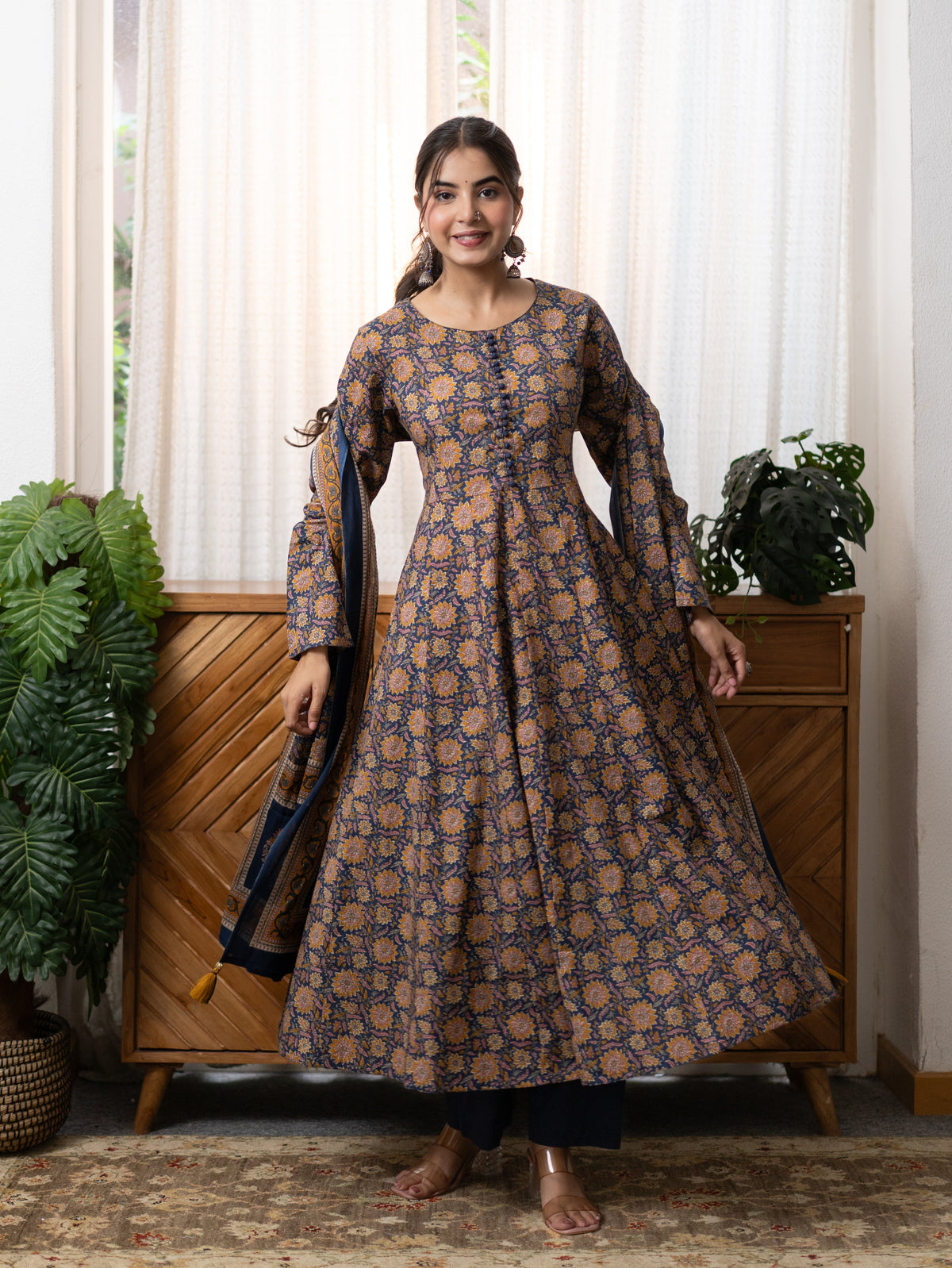Hansa Blue Premium Cotton Anarkali Dupatta Set