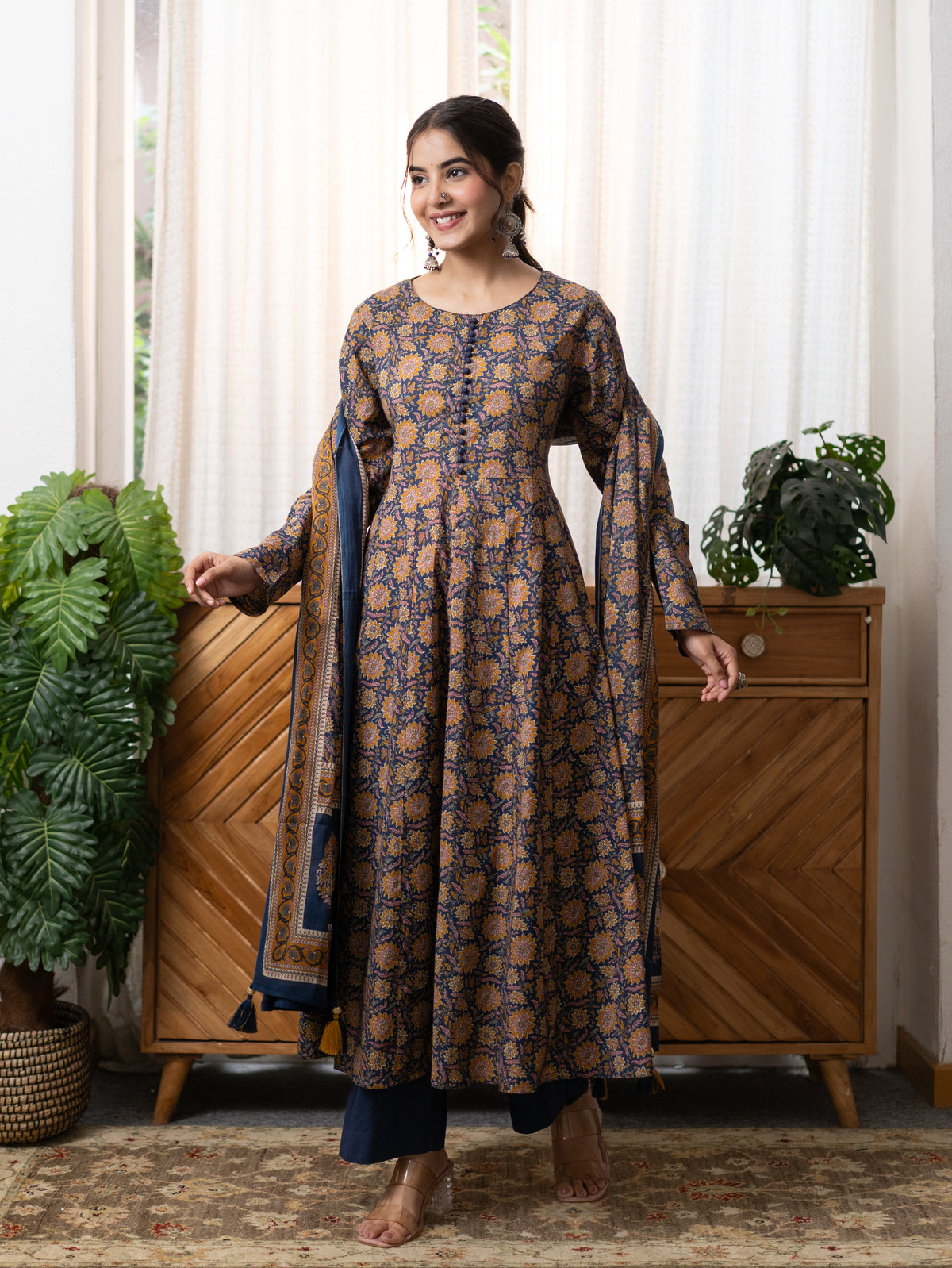 Hansa Blue Premium Cotton Anarkali Dupatta Set