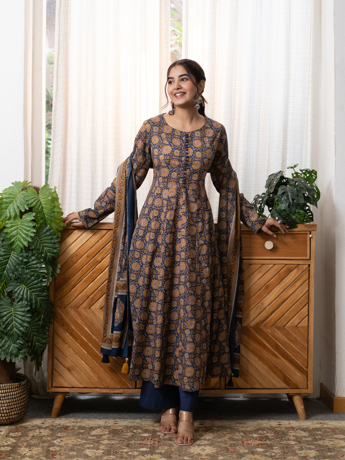 Hansa Blue Premium Cotton Anarkali Dupatta Set