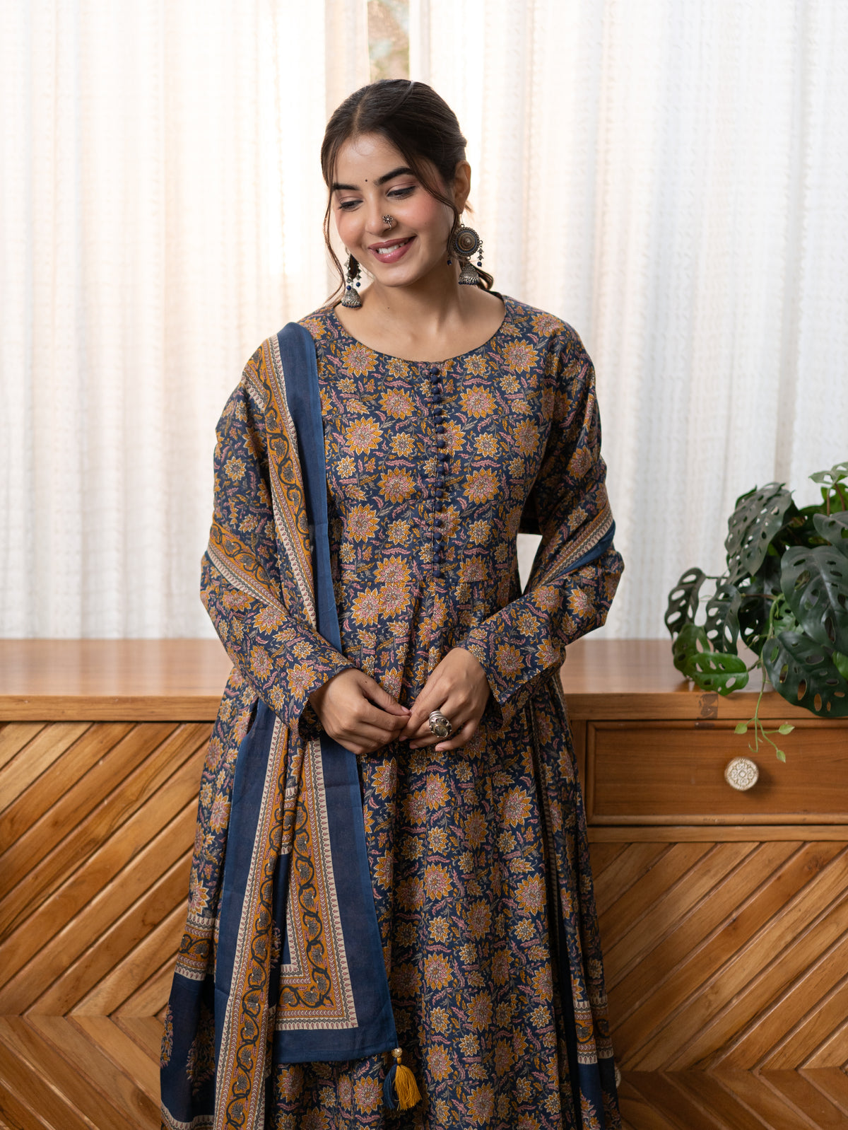 Hansa Blue Premium Cotton Anarkali Dupatta Set