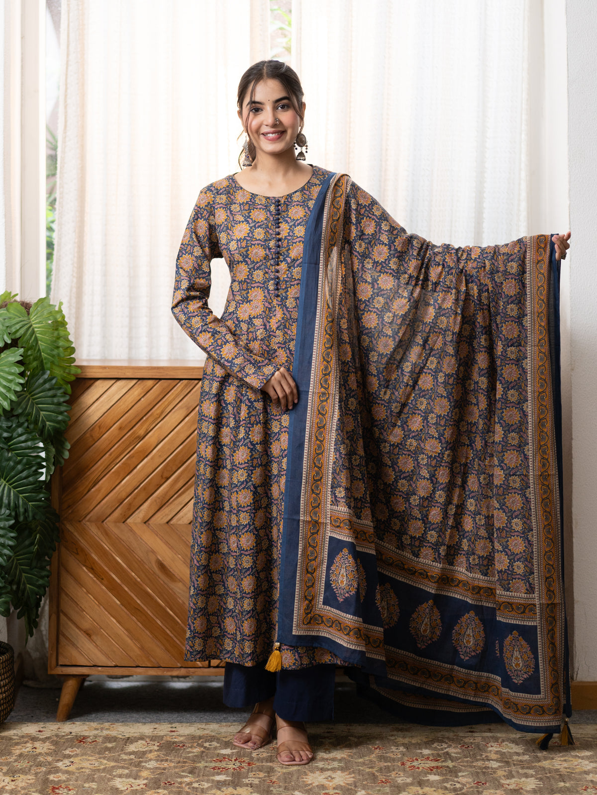 Hansa Blue Premium Cotton Anarkali Dupatta Set
