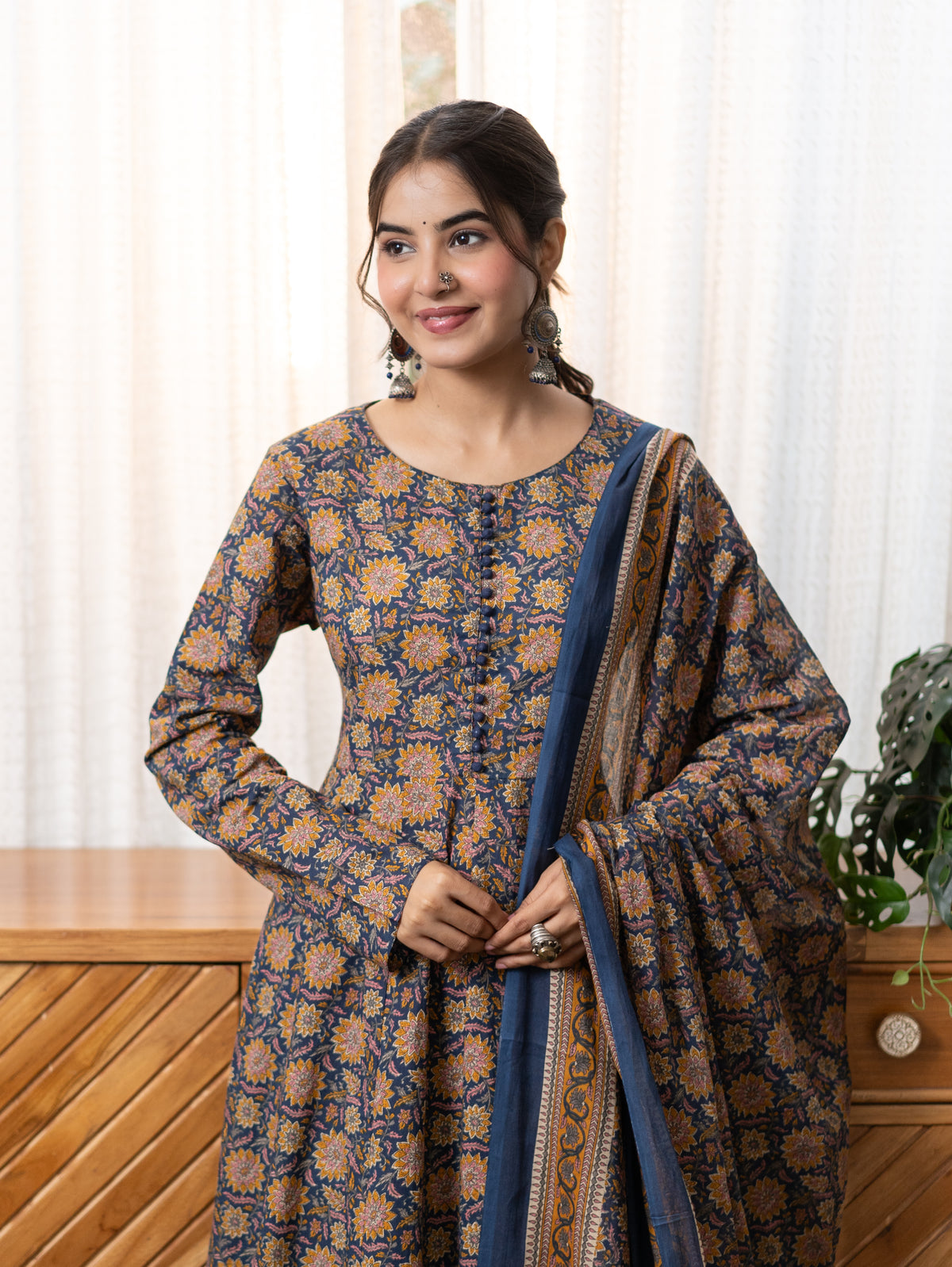 Hansa Blue Premium Cotton Anarkali Dupatta Set