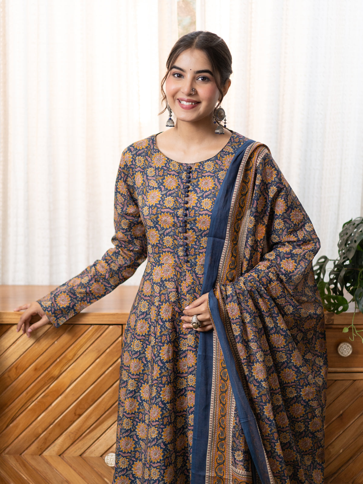 Hansa Blue Premium Cotton Anarkali Dupatta Set