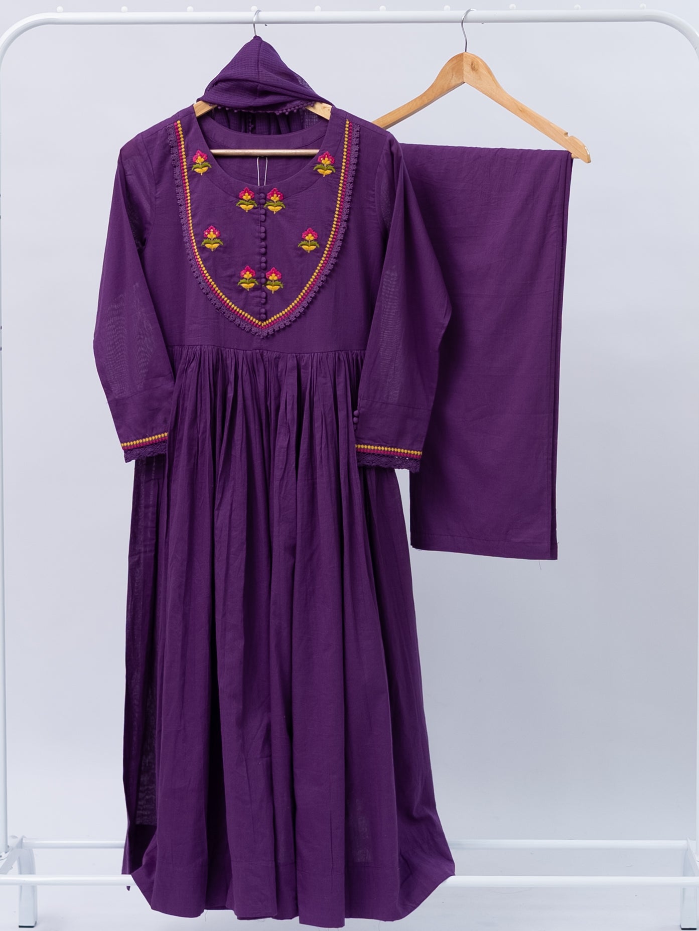 Vrishti Purple Mul Cotton Embroidered Anarkali Dupatta Set