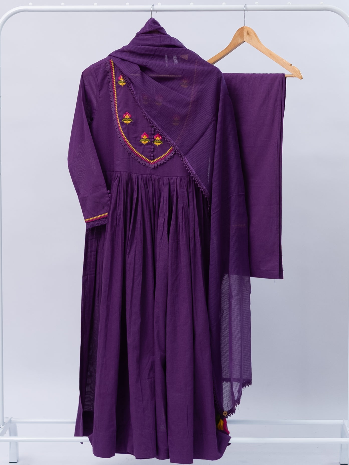 Vrishti Purple Mul Cotton Embroidered Anarkali Dupatta Set