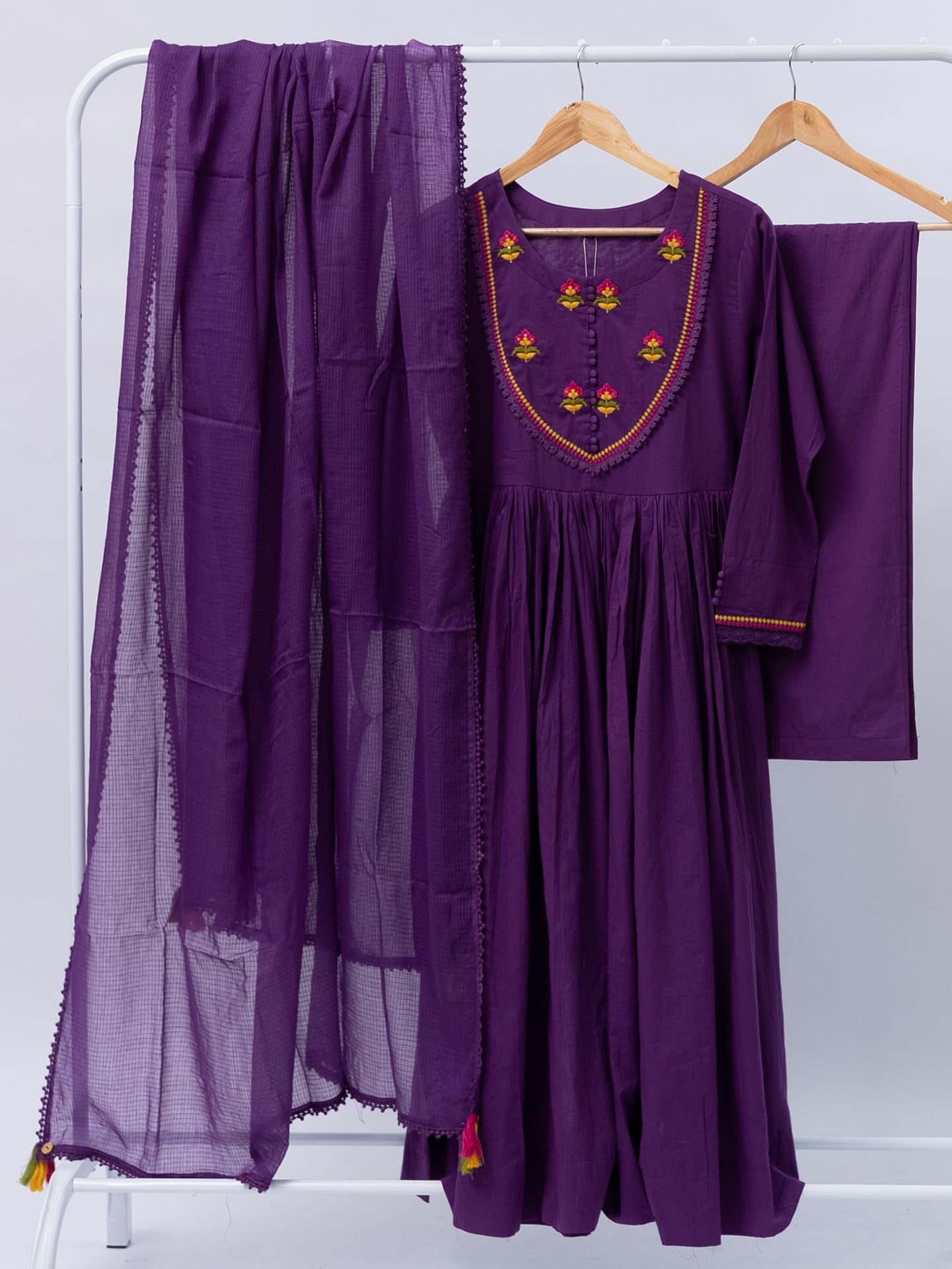 Vrishti Purple Mul Cotton Embroidered Anarkali Dupatta Set