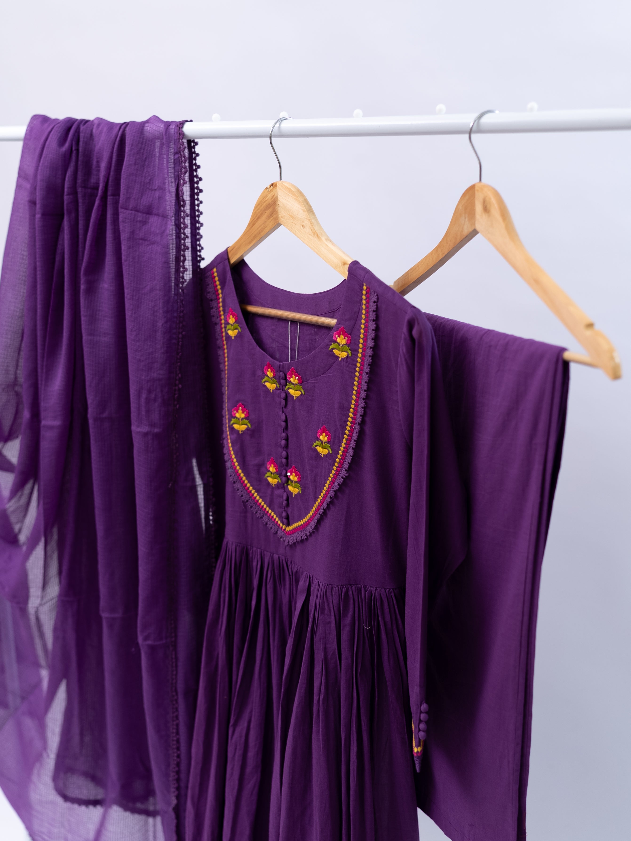 Vrishti Purple Mul Cotton Embroidered Anarkali Dupatta Set