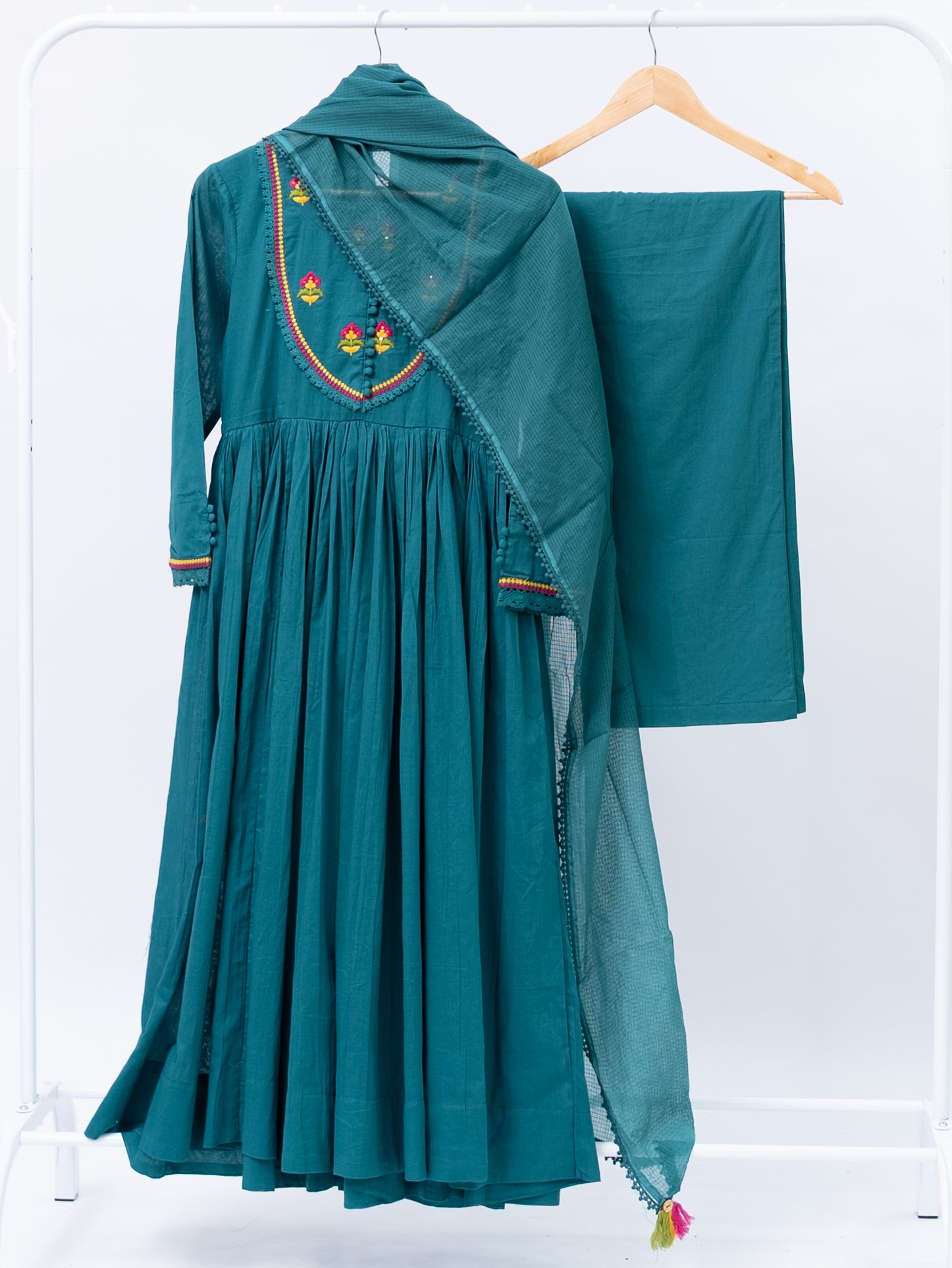 Vrishti Green Mul Cotton Embroidered Anarkali Dupatta Set