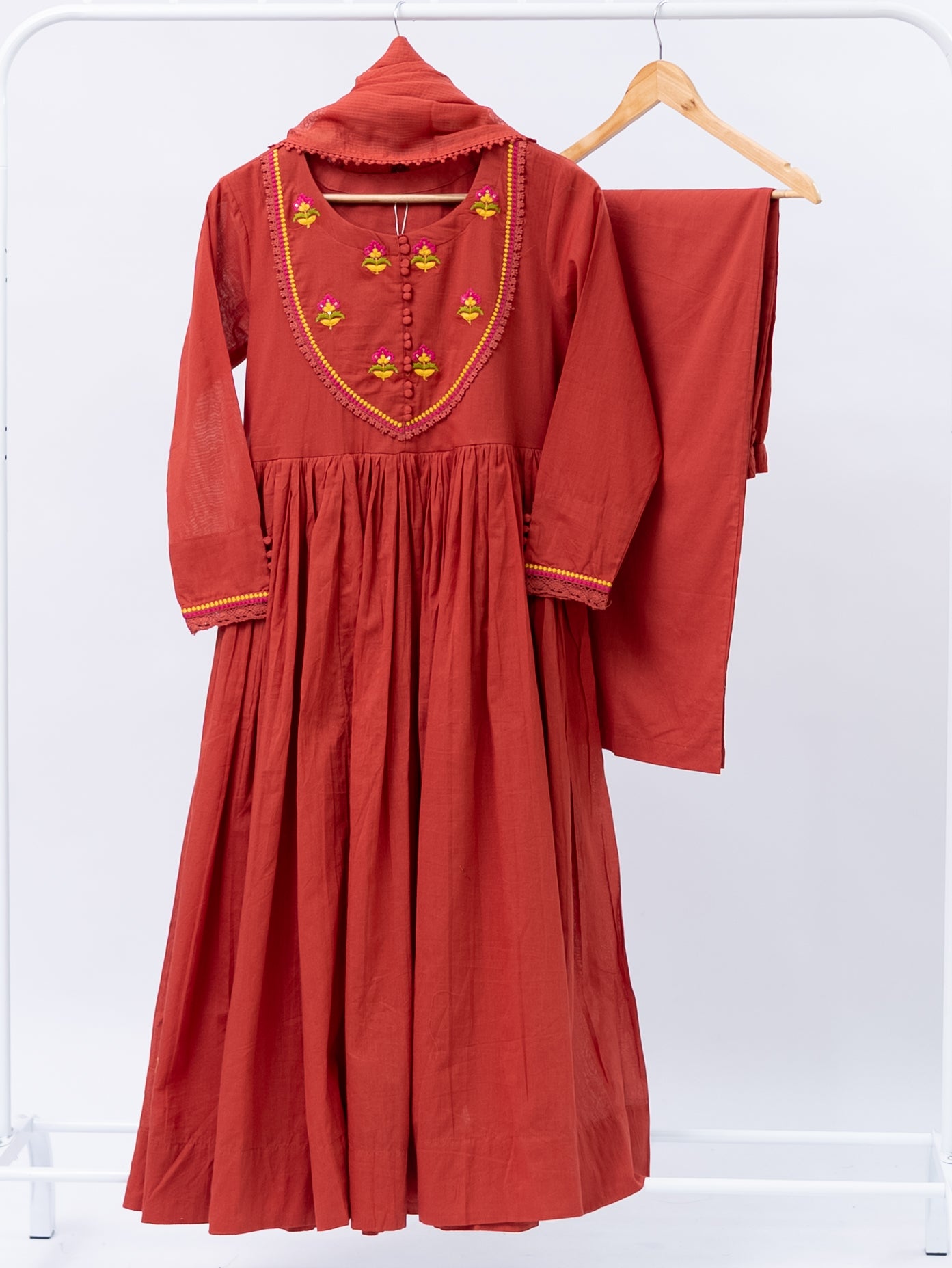 Vrishti Rust Mul Cotton Embroidered Anarkali Dupatta Set