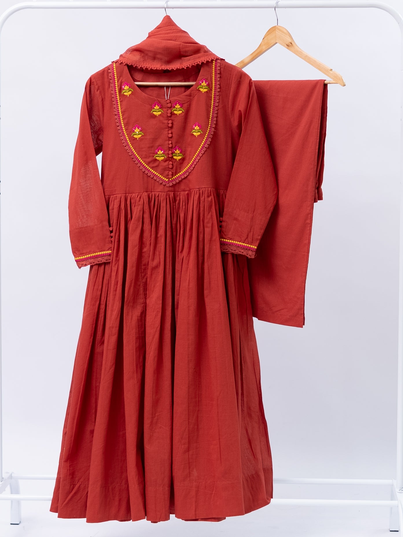 Vrishti Rust Mul Cotton Embroidered Anarkali Dupatta Set