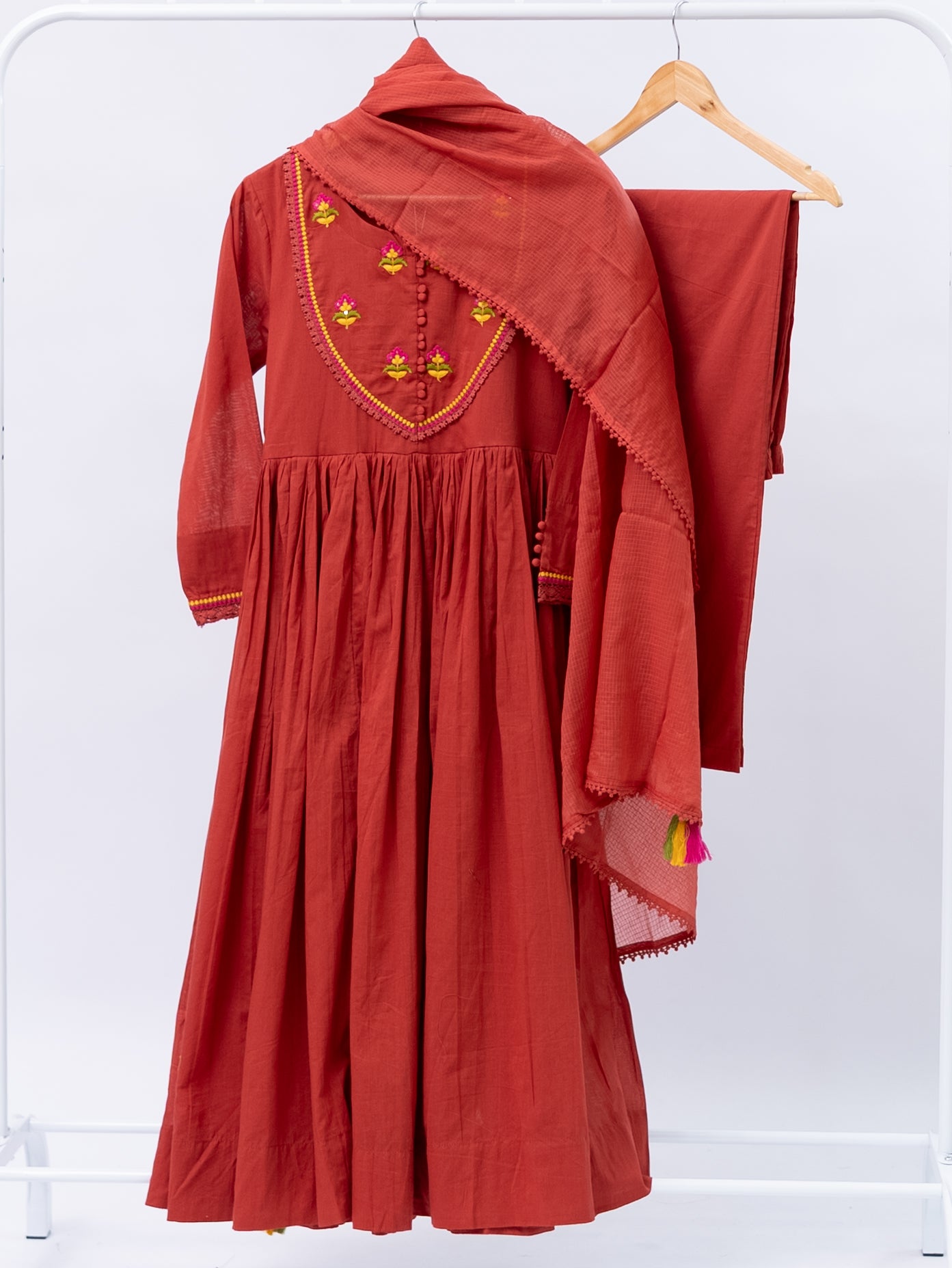 Vrishti Rust Mul Cotton Embroidered Anarkali Dupatta Set