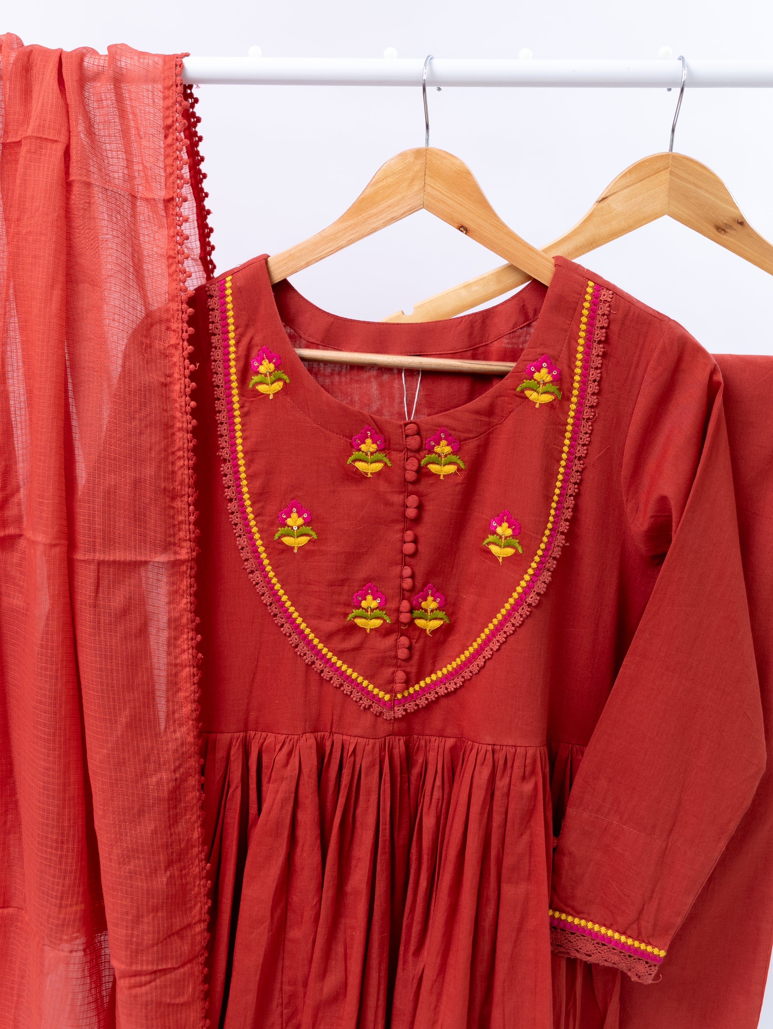 Vrishti Rust Mul Cotton Embroidered Anarkali Dupatta Set