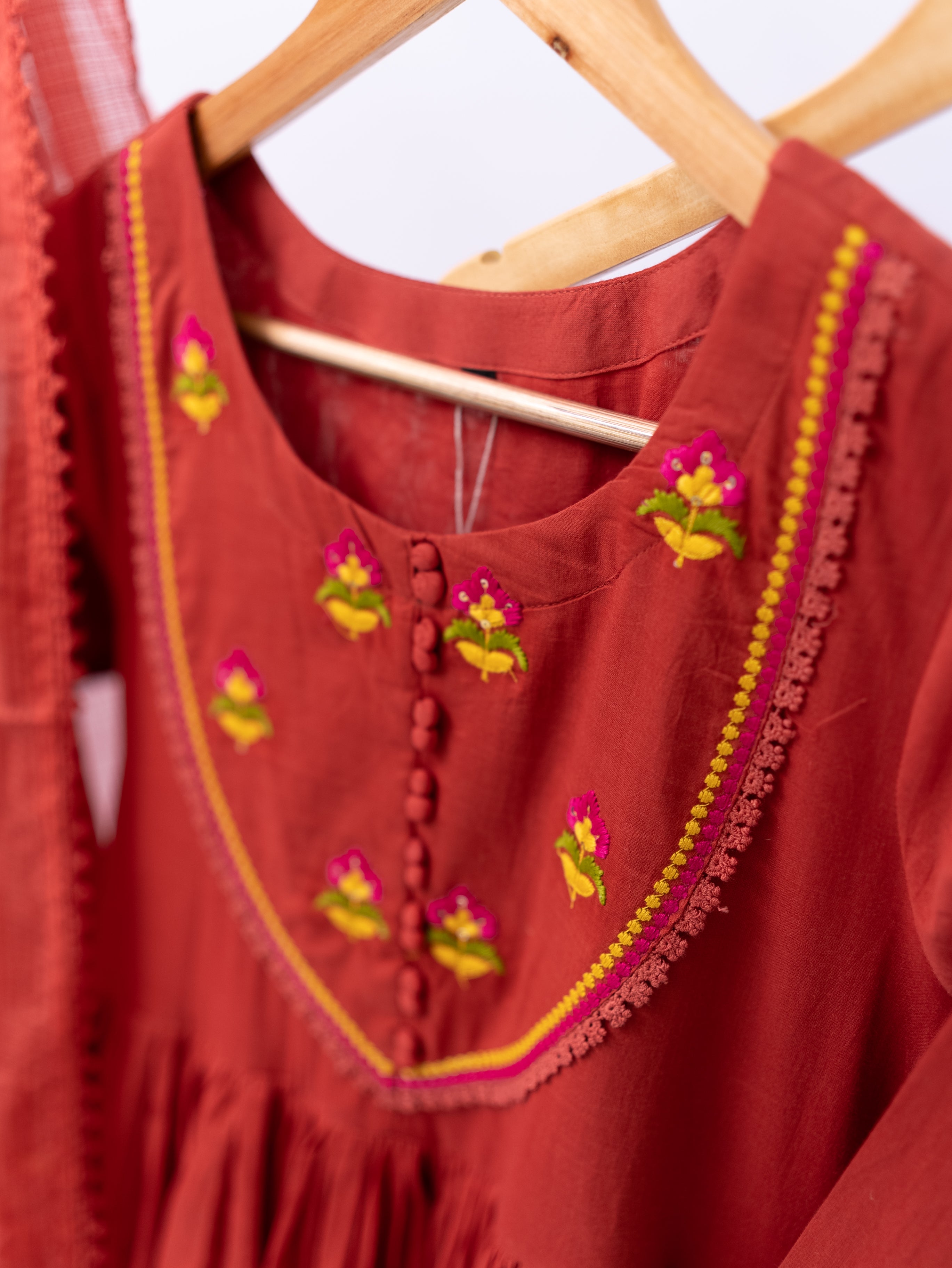 Vrishti Rust Mul Cotton Embroidered Anarkali Dupatta Set