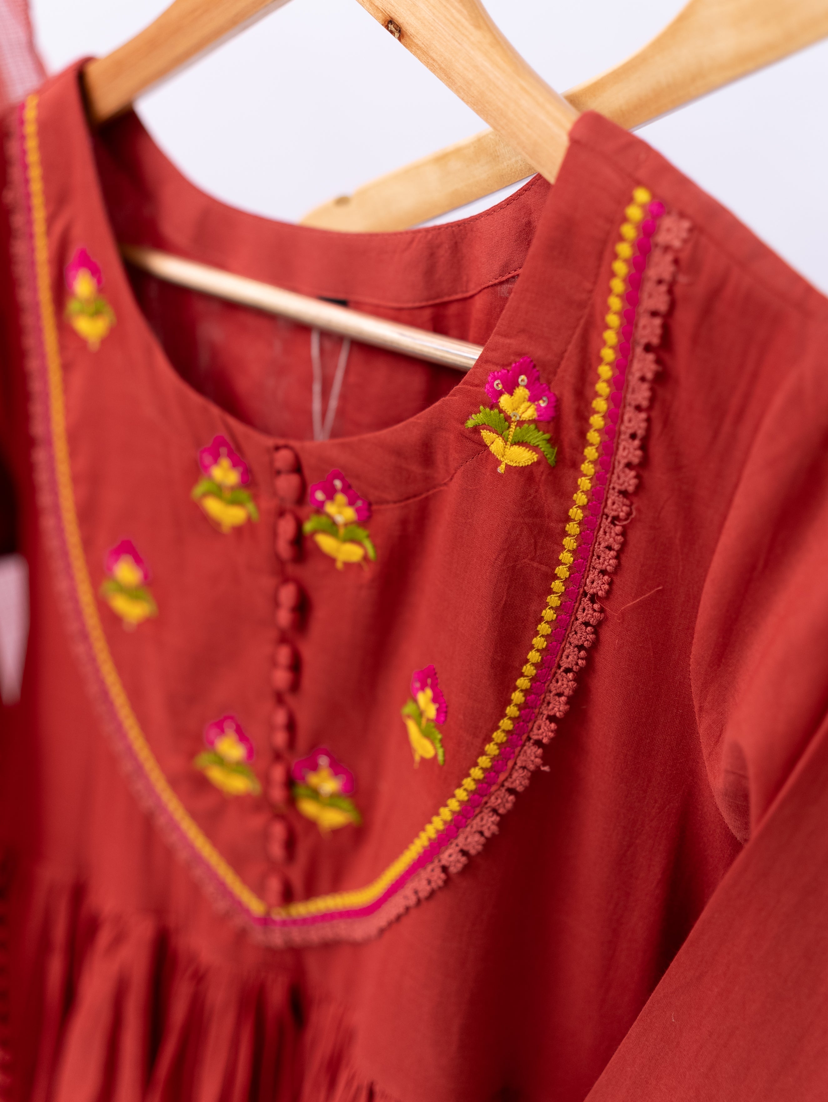 Vrishti Rust Mul Cotton Embroidered Anarkali Dupatta Set