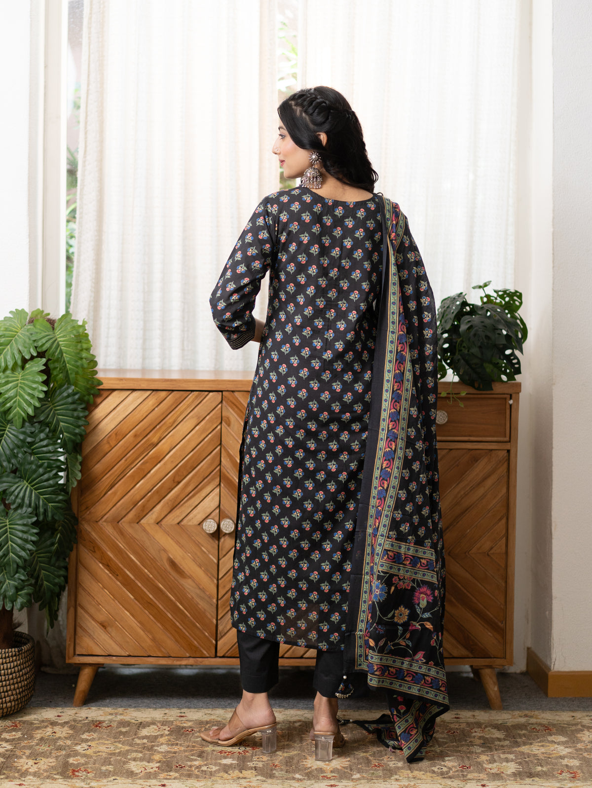 Malika Black Premium Cotton Katha Detailed Dupatta Set