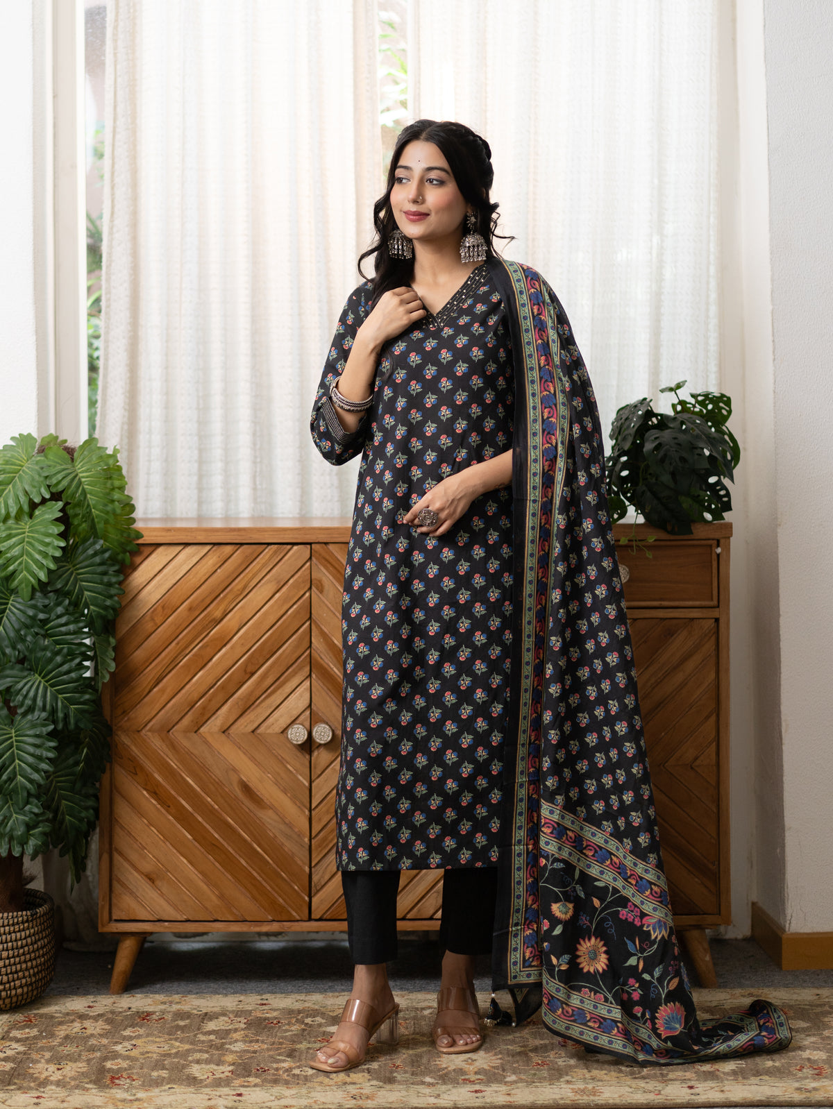 Malika Black Premium Cotton Katha Detailed Dupatta Set