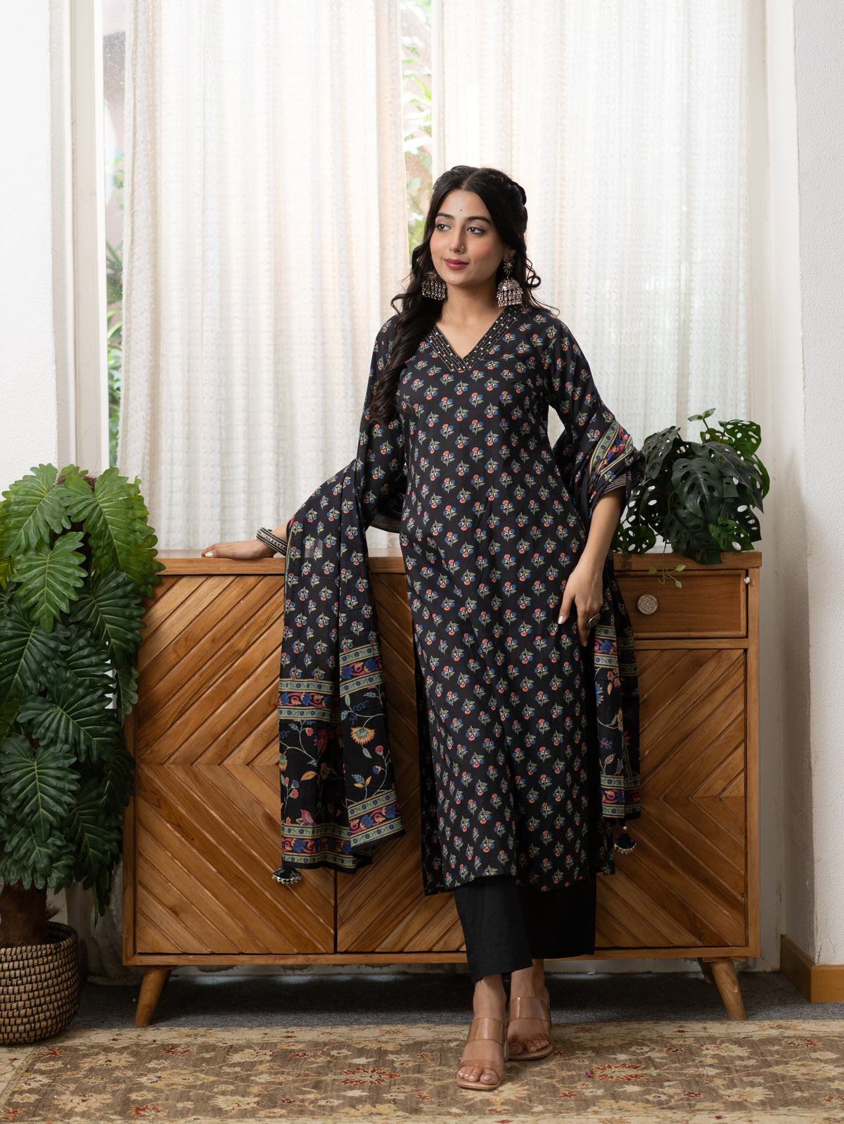 Malika Black Premium Cotton Katha Detailed Dupatta Set
