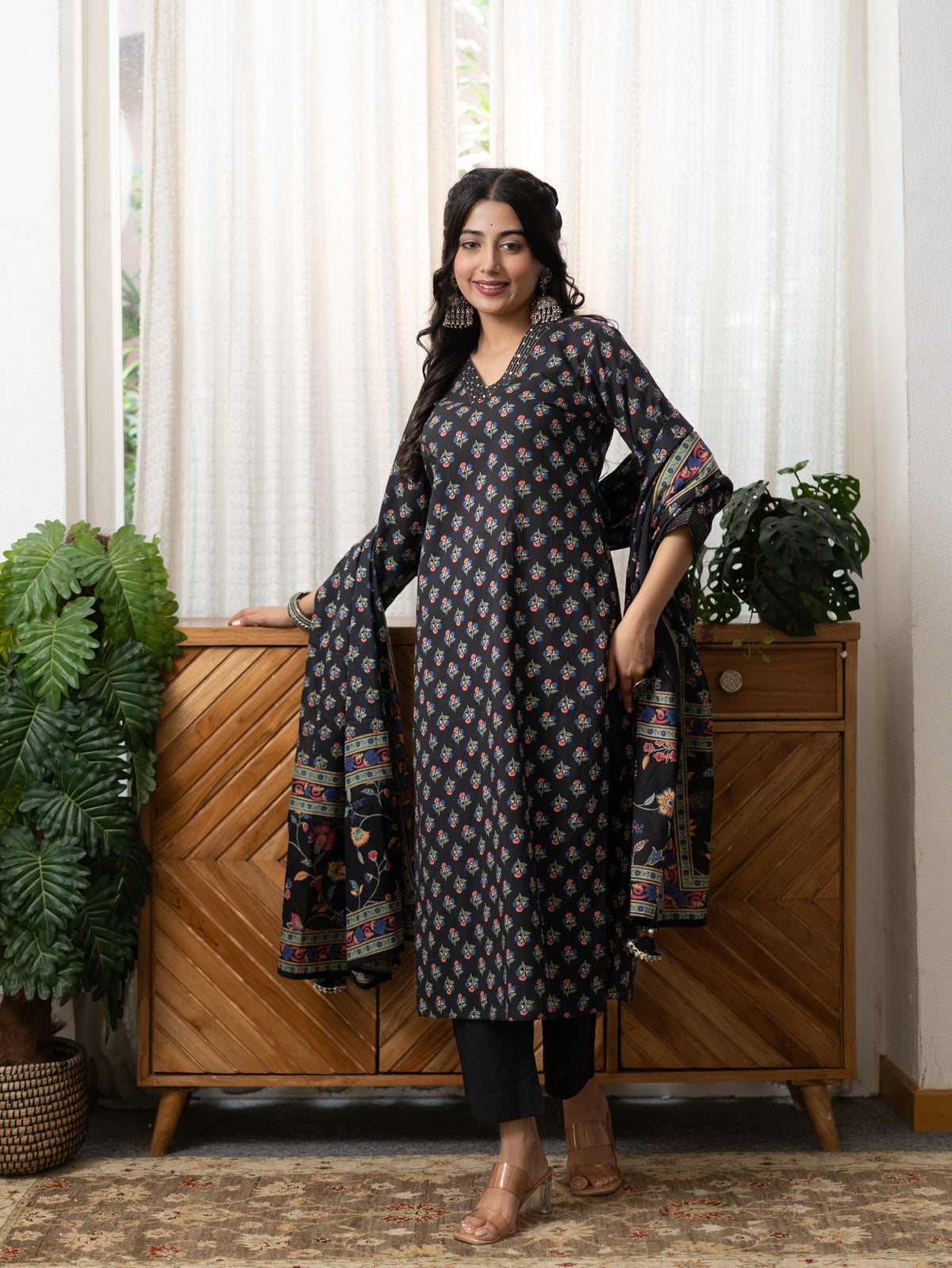 Malika Black Premium Cotton Katha Detailed Dupatta Set